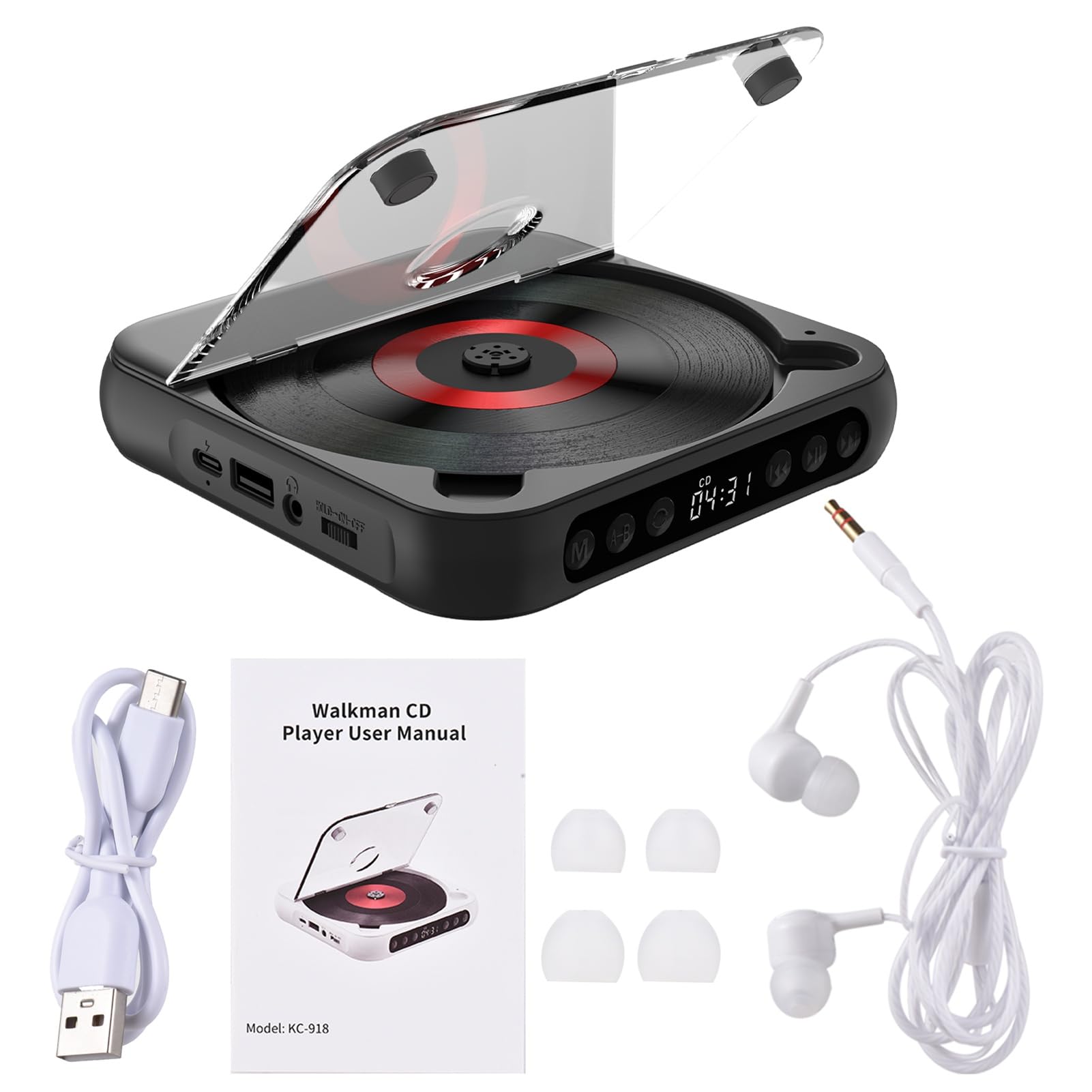 Kavolet Lettore CD Portatile BT - Lettore CD con Coperchio Antipolvere - Cuffie Incluse - 6 modalità - Timer Ripetizione AB - Telecomando - Funzione di Riproduzione Esterna