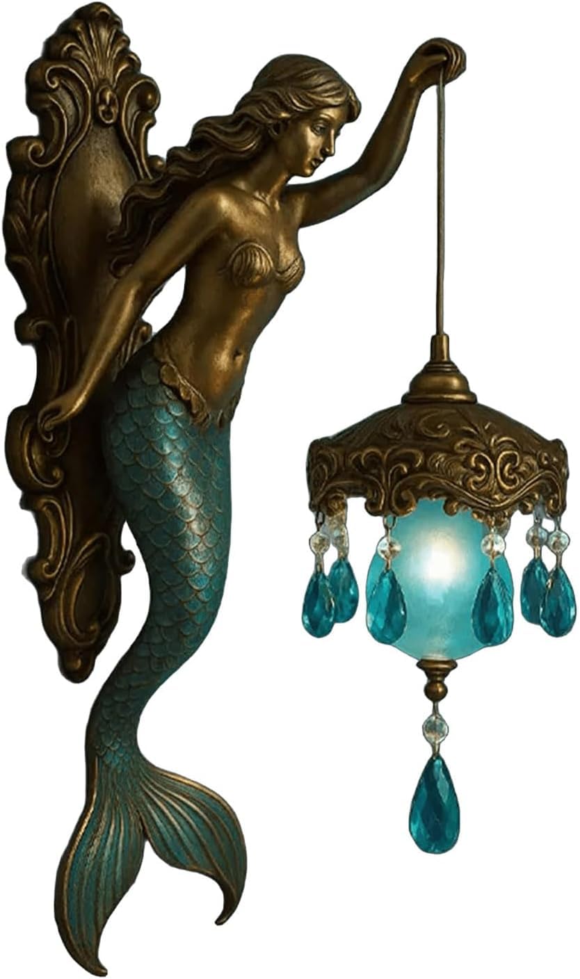 Mermaid Wall Lamp, Antique Bronze Mermaid Wall Sconce with Lantern, Vintage Ocean-Themed Night Light, 8 Inch Frosted Crystal Lantern, Mermaid Wall Lights for Bedrooms, Living Room, Bathroom