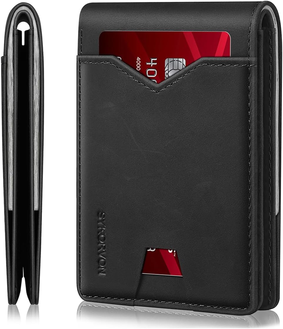 Real Leather Wallet for Men,Slim Bifold Wallet Minimalist Front Pocket Design, RFID Mens Wallet with Money Pocket,ID Window, Hold Up to 11 Cards (Black)
