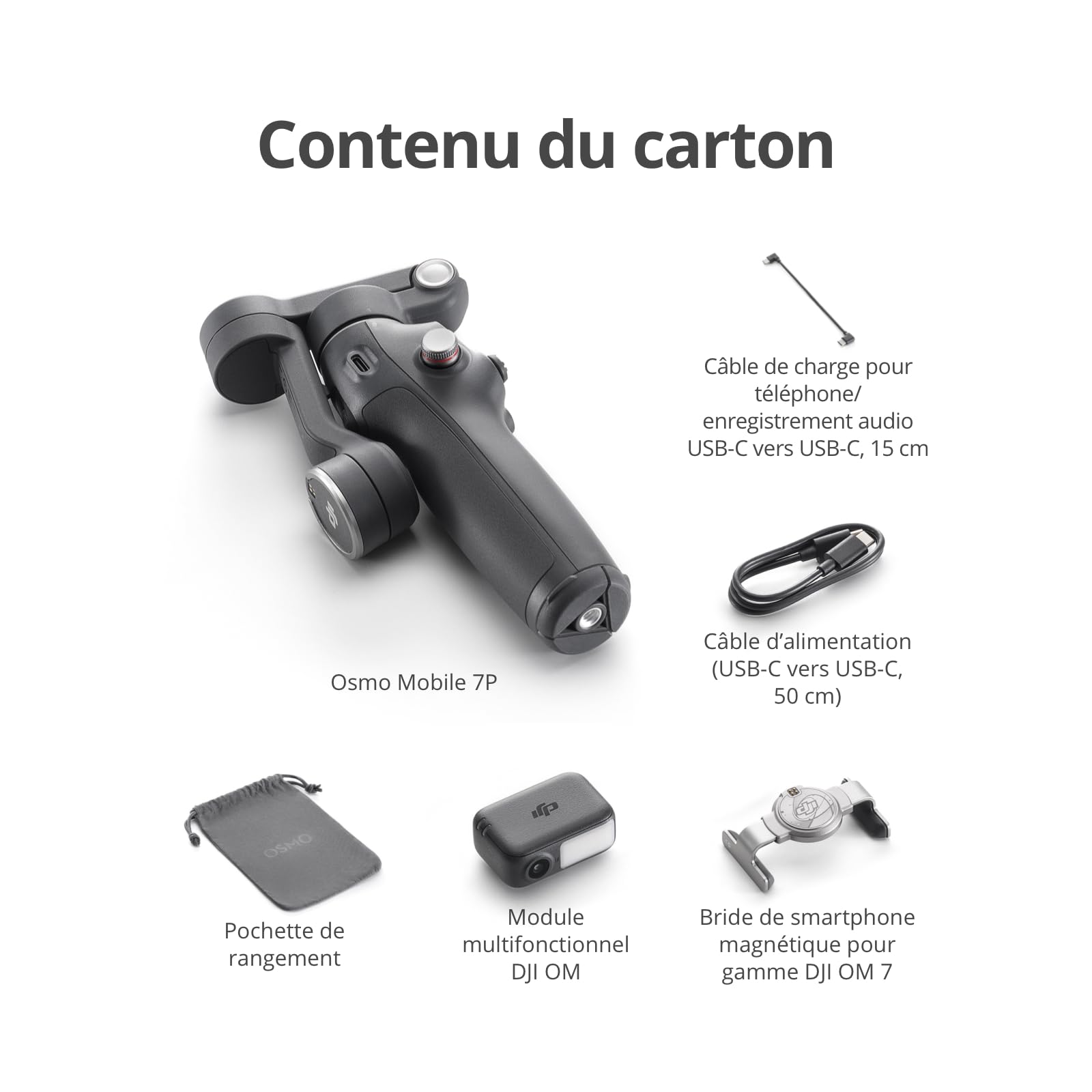 DJI Osmo Mobile 7P pour iPhone, Stabilisateur Nacelle, Android, Suivi natif, Éclairage, Nacelle pour téléphone à 3 axes, Lancement rapide, Édition en un seul clic,Barre d’extension et trépied intégrés