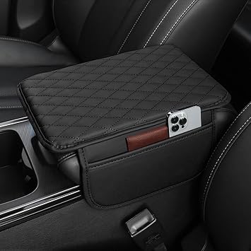 Car Center Console Cover for Peugeot 307 206 308 407 207 2008-2017, Universal Leather Armrest Cover Cushion with 2 Storage Bags Armrest Seat Box Pad Interior Accessories,A/Black Line