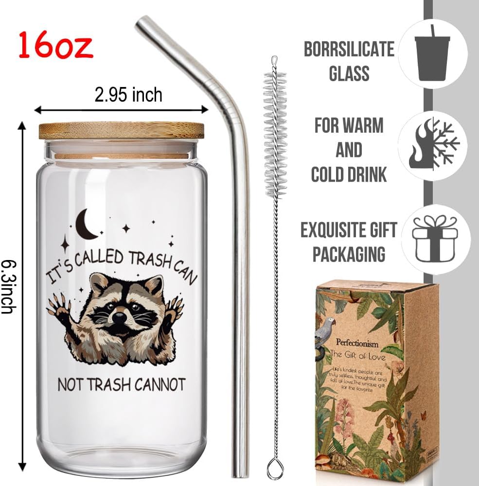 Funny Raccoon 16oz Glass Cup with Lid and Straw Gifts for Best Friend Men Women Boyfriend Girlfriend - It's Called Trash Can Not Trash Cannot, Office Coworker Birthday Gift Idea for Him or Her - Image 5