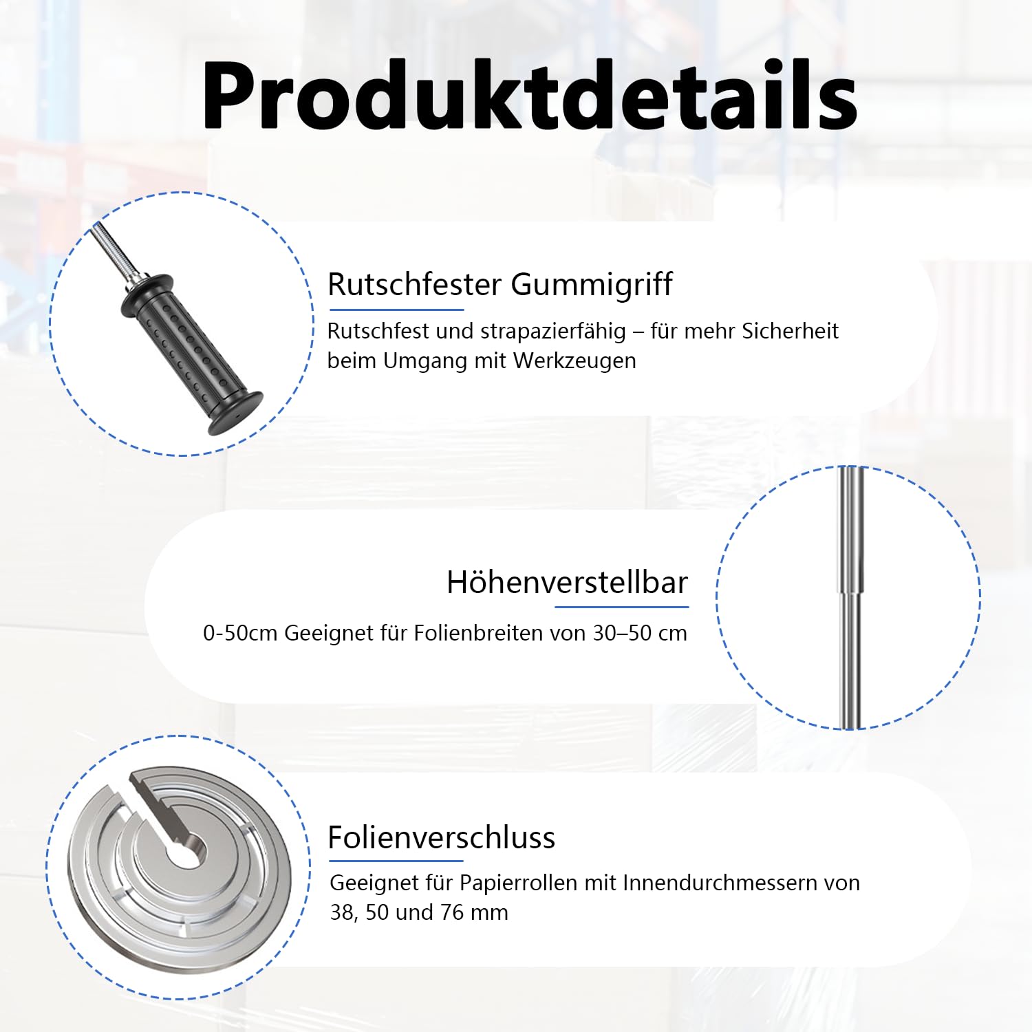 Stretchfolienspender, Manueller Stretchfolienabroller mit Rutschfestem Griff und Höhenverstellung, Passend für 30-50 cm Folienbreite, Ideal für Schwere Paletten, Möbel & Großverpackungen im Lager
