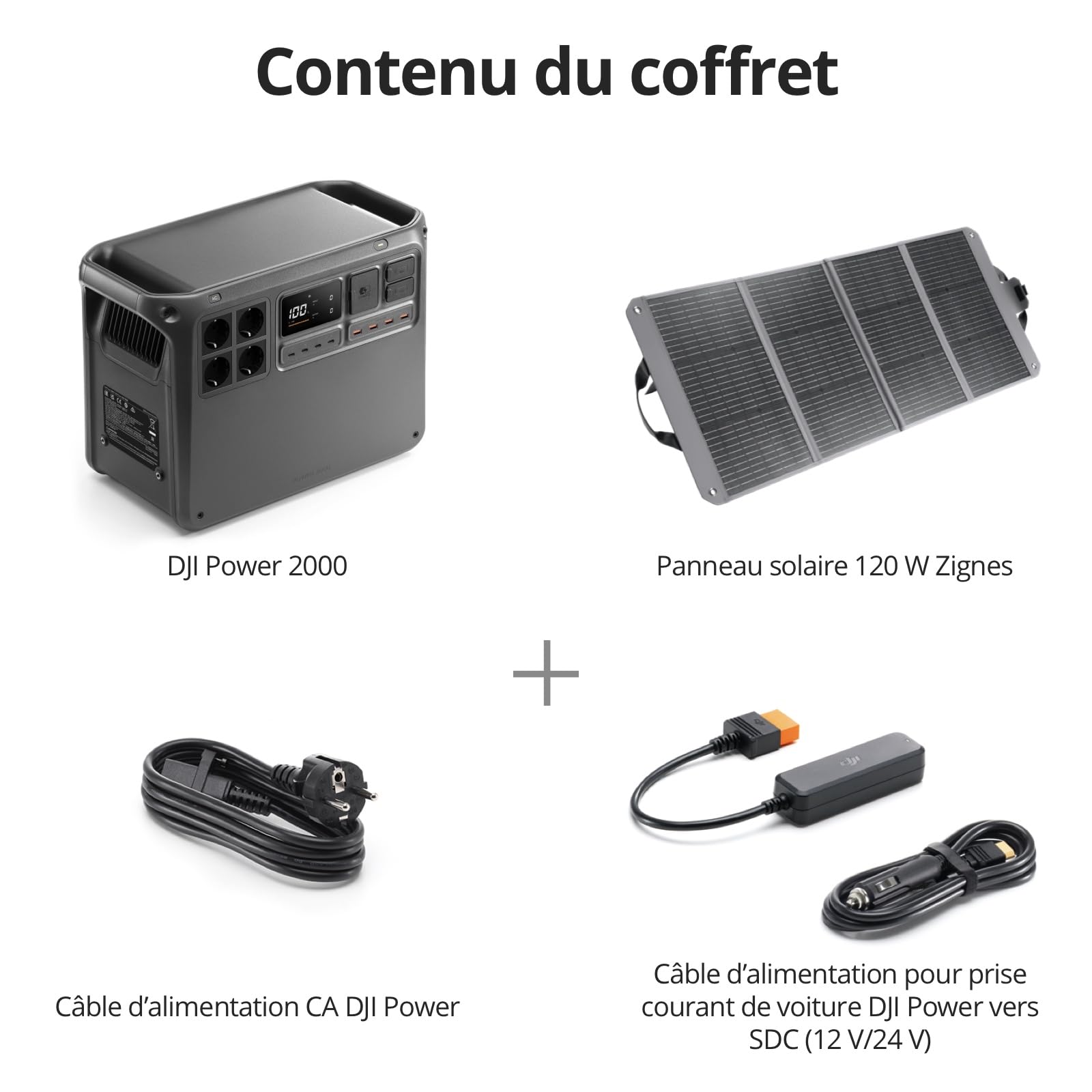 DJI Power 2000 Station électrique portable, batterie LFP de 2 048 Wh, sortie de 3 000 W, recharge de 0 à 80% en 45 min, format compact, panneau solaire 120 W, camping-car, toits, pour l’extérieur