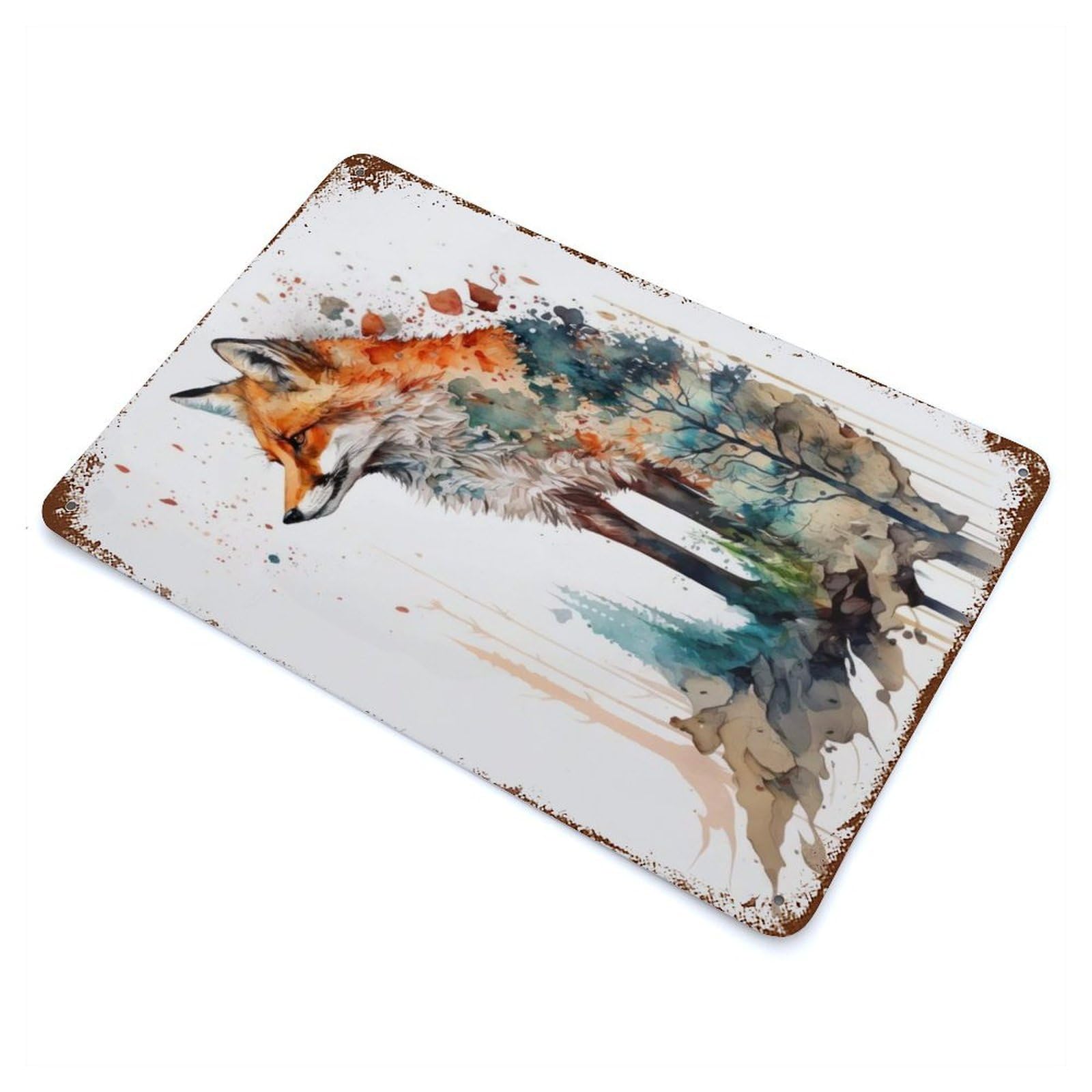 Fox Watercolor 11.8"x7.9" Rusty Metal Tin Sign, Farmhouse Wall Decor for Office, Studio And Wall Decor
