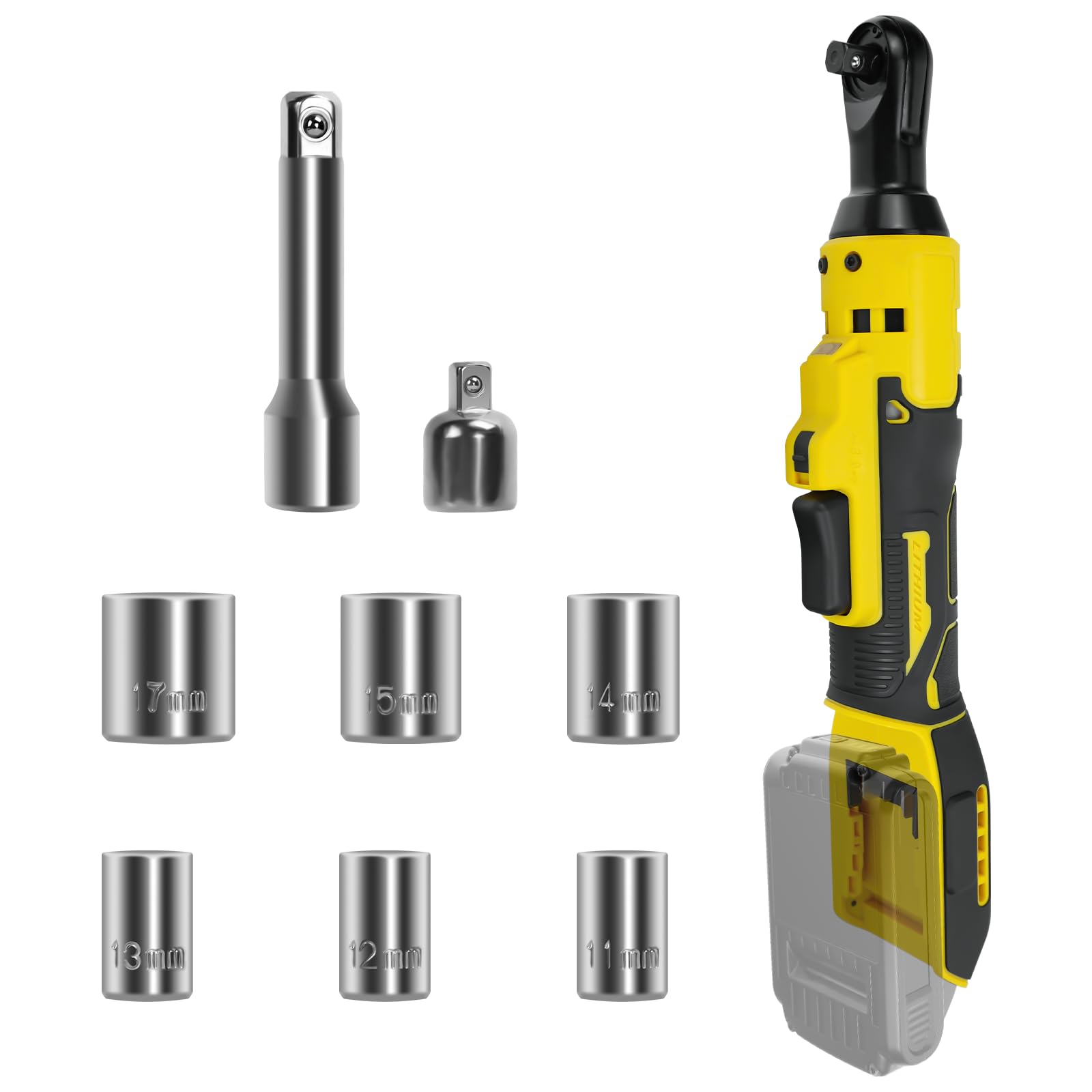 Trinquete eléctrico de 3/8 para batería DeWalt 18V con 7 vasos y adaptador de 1/4