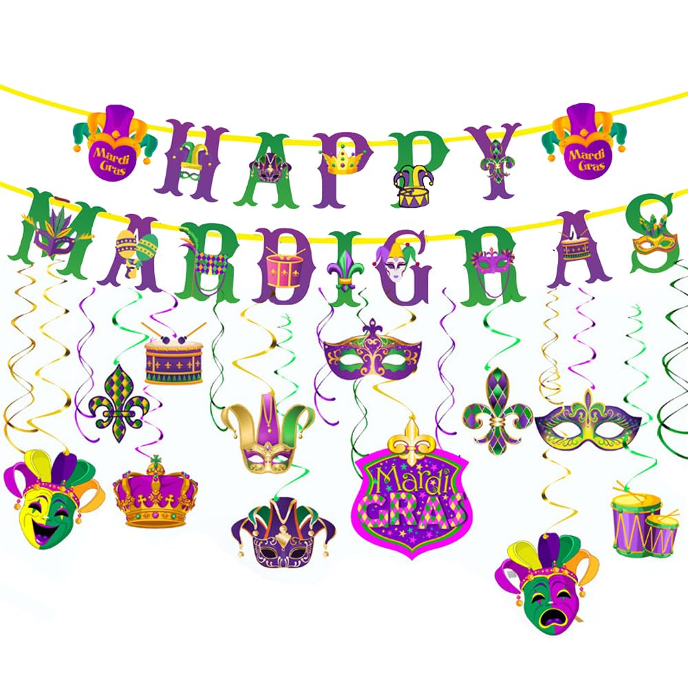 Mardi Gras Decorations for Party, HAPPY MARDI GRAS Banner Hanging Swirl Paper Set Colorful Crown Mask Drums Pattern for New Orleans Carnival Birthday