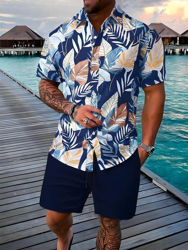 Image of Men's Printed Co-Ord Set | Plus Size Casual Shirt & Shorts Set | Nightwear Pajama Suit, Loungewear, Beachwear & Vacation Outfit Design No Shirt-Short Set10-Parent