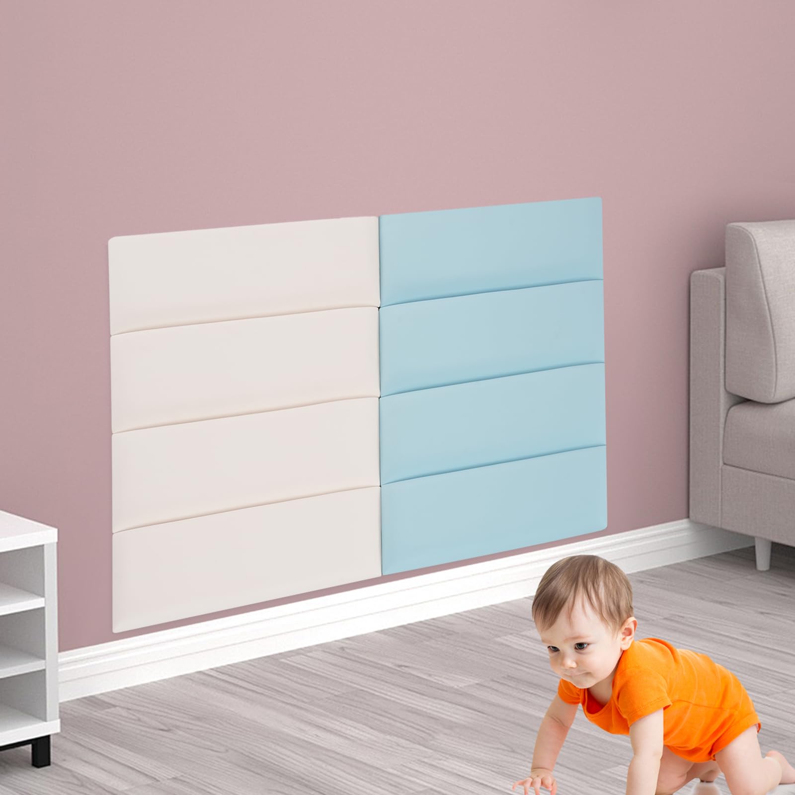 CNCEST Wall Panels Pack of 8, Wall Panels for Interior Decor, Self-Adhesive Wall Panel, Anti-Collision Wall Padding for Classrooms, Daycare Centers, Bedrooms, Or Playrooms (Creamy-White, Blue)