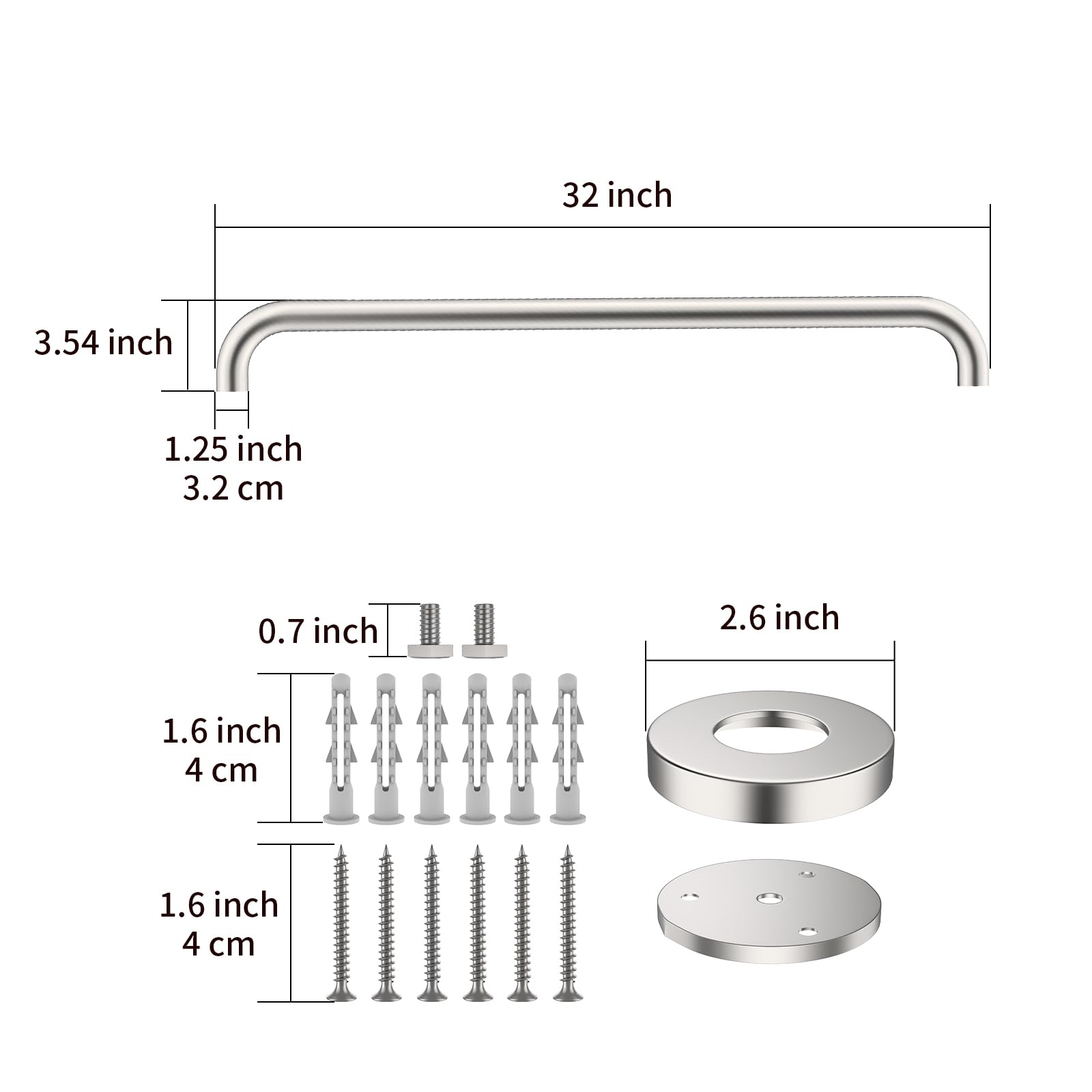 ZUEXT SUS304 - Barra per doccia in acciaio inox satinato e nichel spazzolato, con impugnatura per vasca da bagno (3,2 cm di diametro)