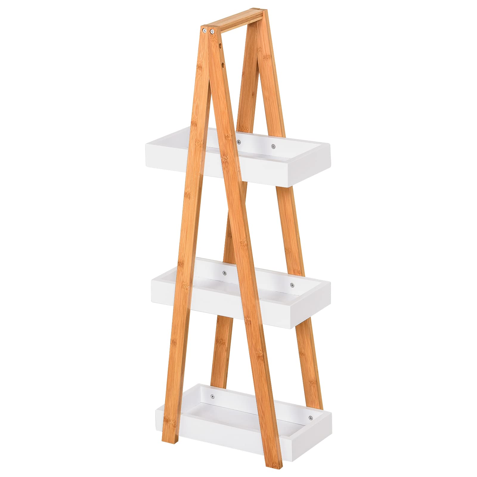 kleankin Estantería de Baño de Bambú con 3 Estantes Estantería de Almacenaje Estantería de Madera en Forma de A 30x18x81 cm Natural y Blanco