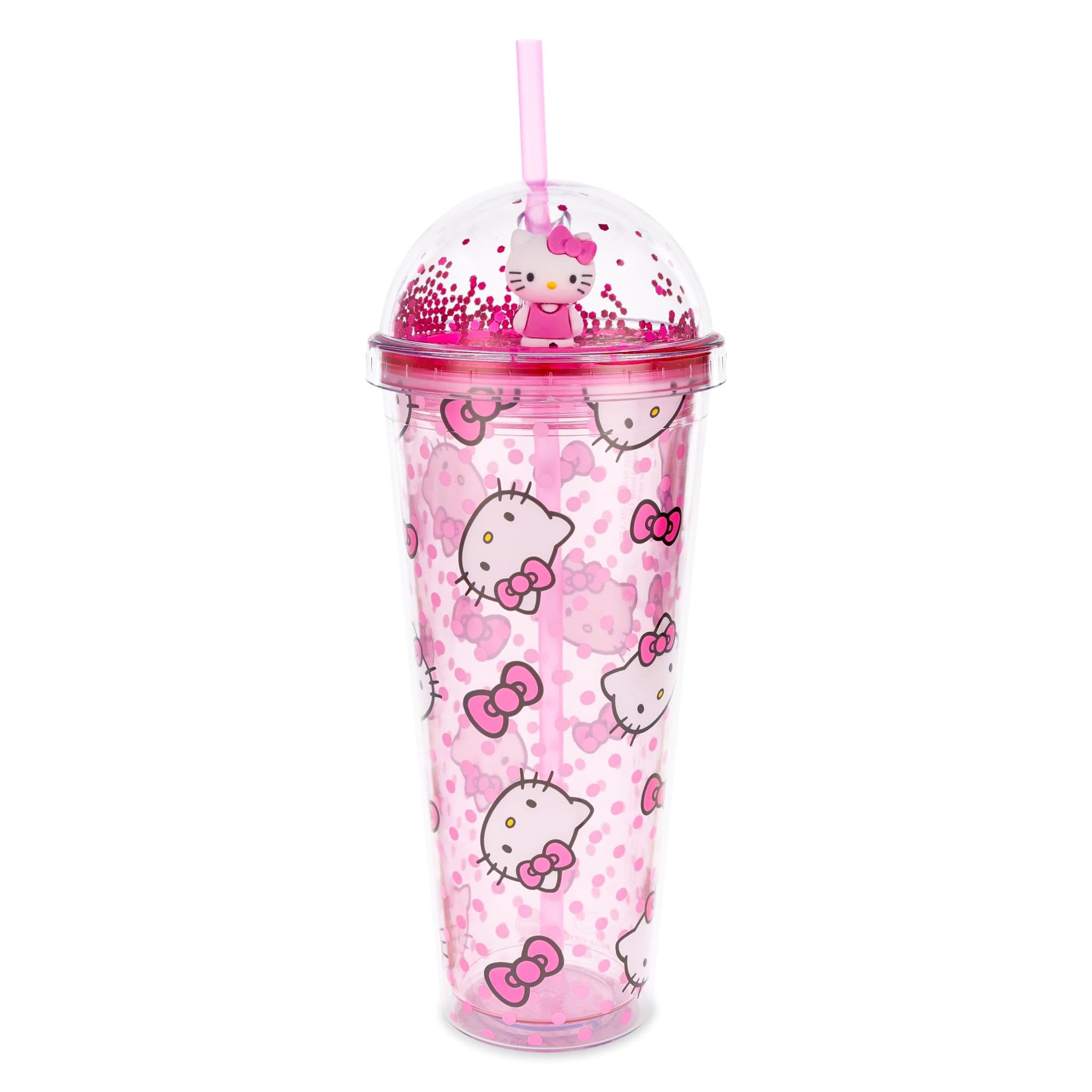 Silver Buffalo Sanrio Hello Kitty Pink Polka Dots and Bows Dome Glitter Top Travel Tumbler, 24 Ounces