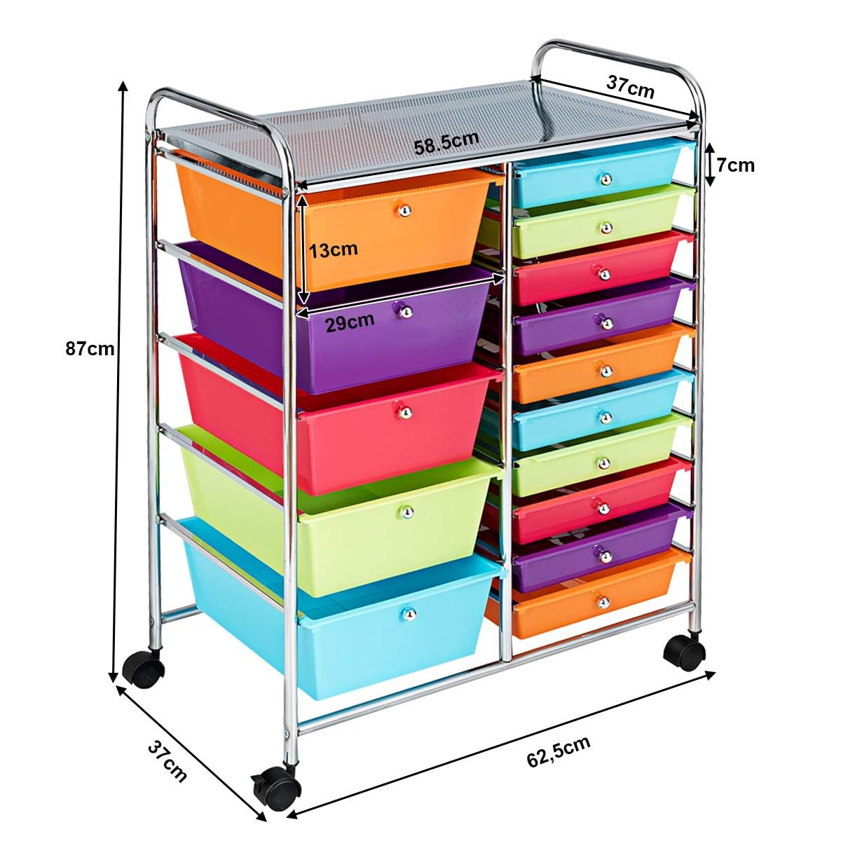 FANTASK Chariot à roulettes avec 15 tiroirs empilables, chariot de rangement pour bureau, salon, 62,5 x 37 x 87 cm