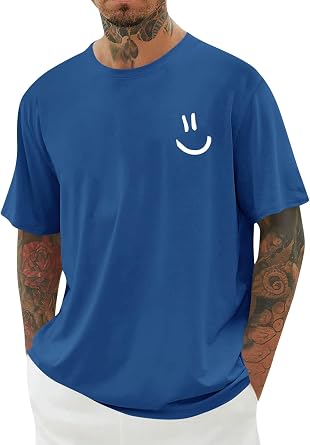 Mens Short Sleeve Graphic Tee Funny Smile Crew Neck T Shirts Loose Fit Summer Shirts