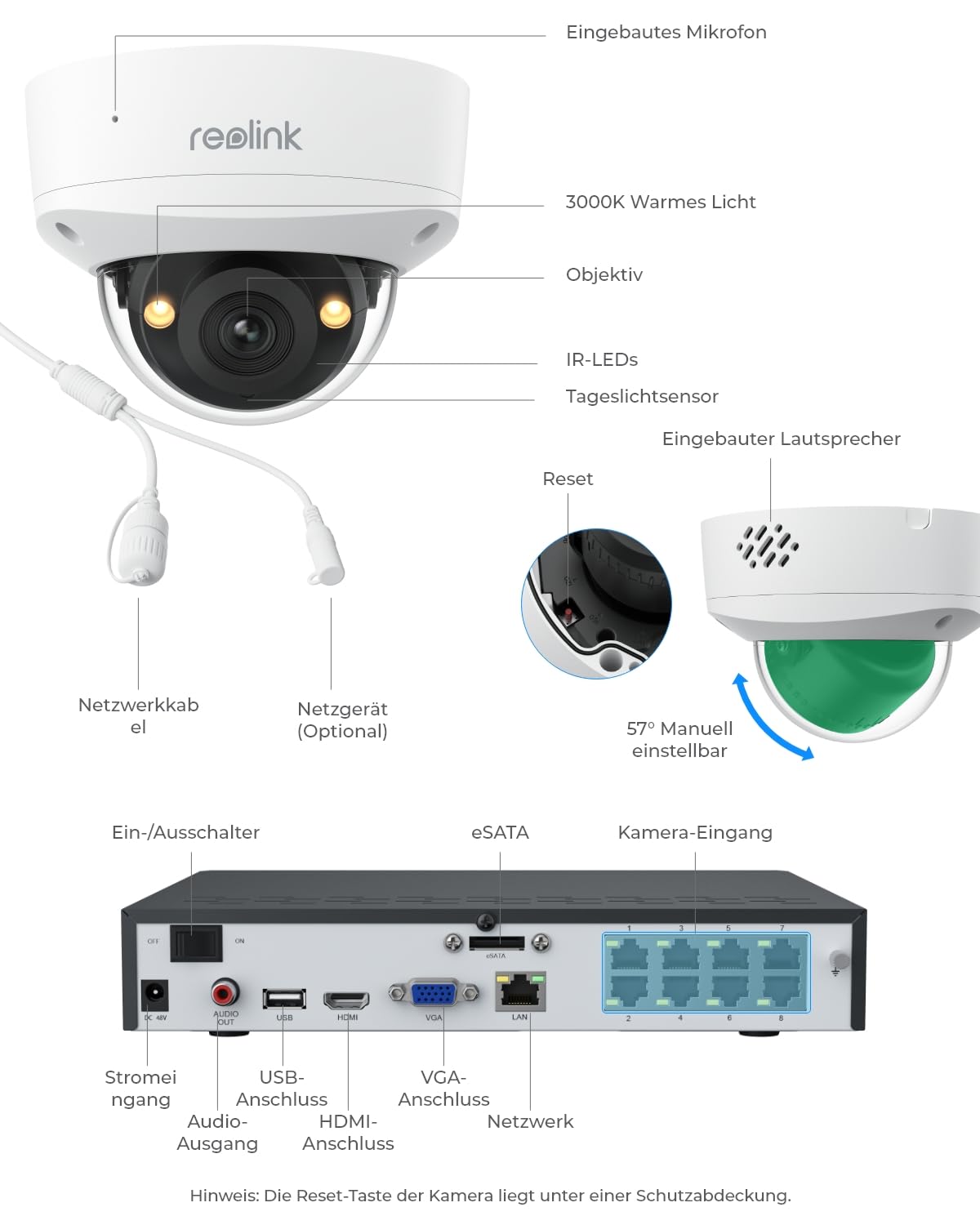 Reolink 4K 8-Kanal Dome PoE Überwachungskamera Set Aussen mit IK10 Vandalismusschutz, Farbnachtsicht, Integrierter 2TB HDD, Intelligenter Personen-/Fahrzeug-/Tieralarme, 2-Wege-Audio, IP67, RLK8-800V4