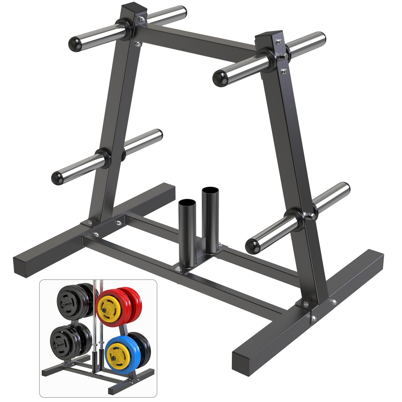 SELEWARE Olympic Weight Plate Tree Rack with 8 Plate Posts & 2 Barbell Holders, Heavy-Duty Steel Gym Organizer for 2 Inch Olympic Plates & Bars, Holds up to 1000 lbs