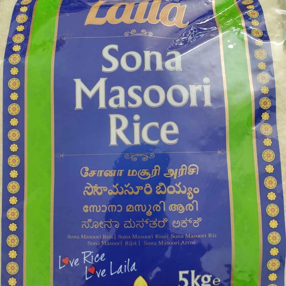Laila Sona Masoori Reis 4 x 5kg – Südindischer, locker & aromatisch, ideal für Curry, Biryani, Dosa, Idli | Vegan, glutenfrei, natürlicher Reis aus Indien mit Kajal Sticker