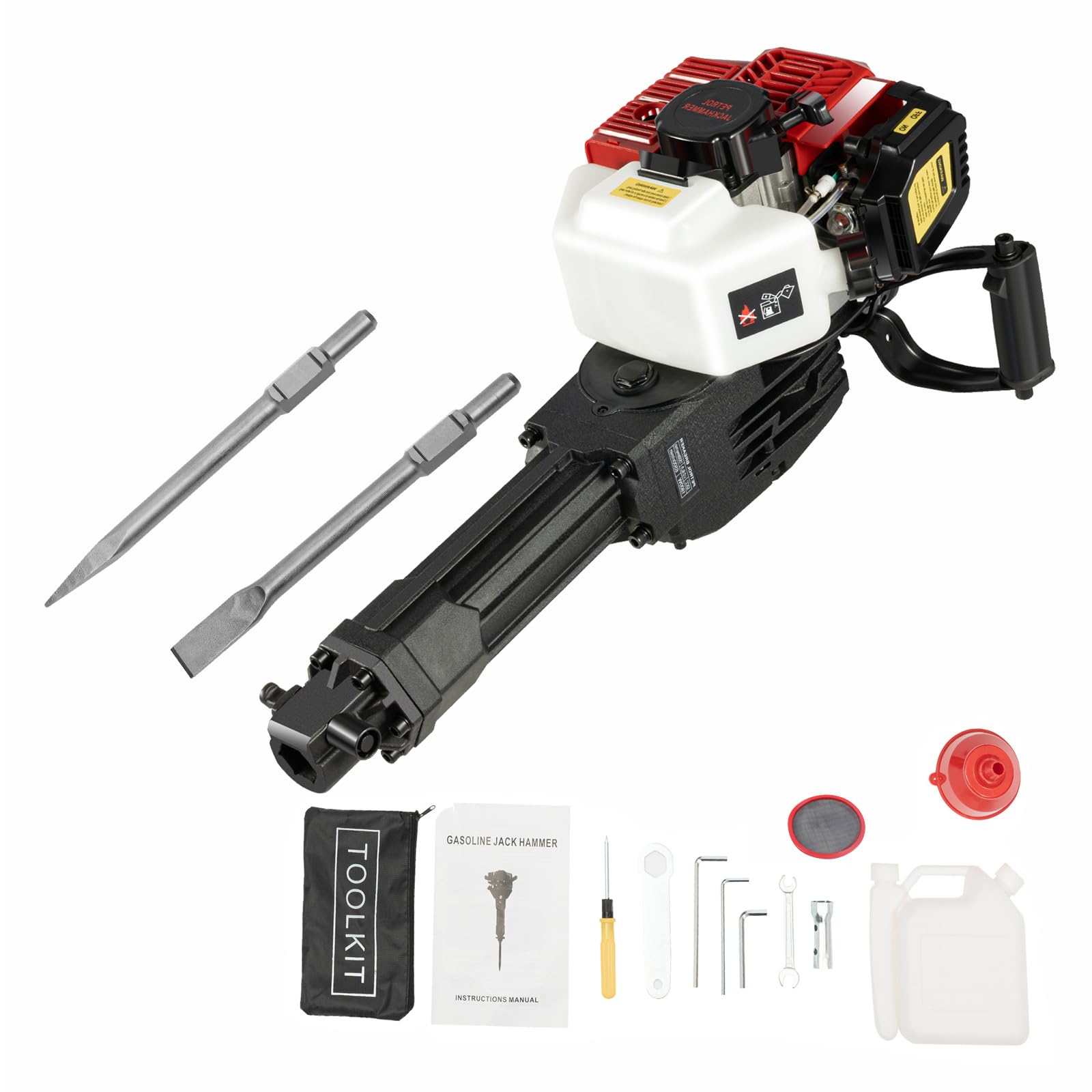 2-Stroke Petrol Demolition Jack Hammer with Pointed and Flat Chisel 1900W Concrete Drill Breaker Kit Jackhammer Concrete Breaker Post Driver Fende Knocker Jack Hammer Vibration-Cushioned Handle