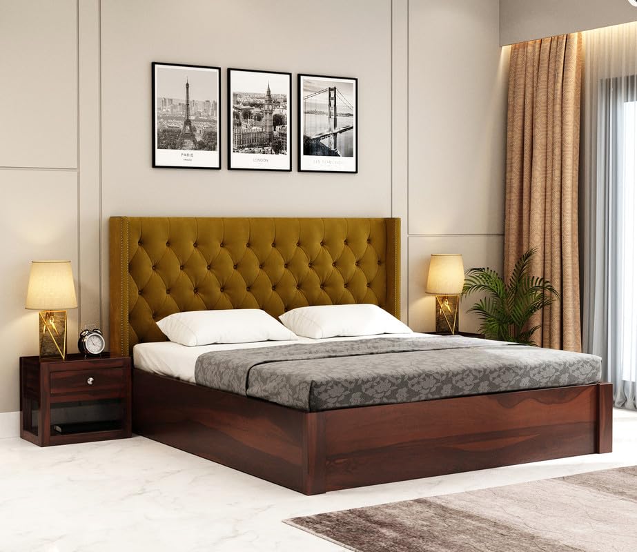 HITHOS Sheesham Wood Upholstered King Size Bed with Hydraulic Storage | Solid Wood Double Bed | Cot Bed Palang for Living Room Home Bedroom (Walnut Finish, Chestnut Brown) (B0DFYXH6K1) Amazon Price History, Amazon Price Tracker