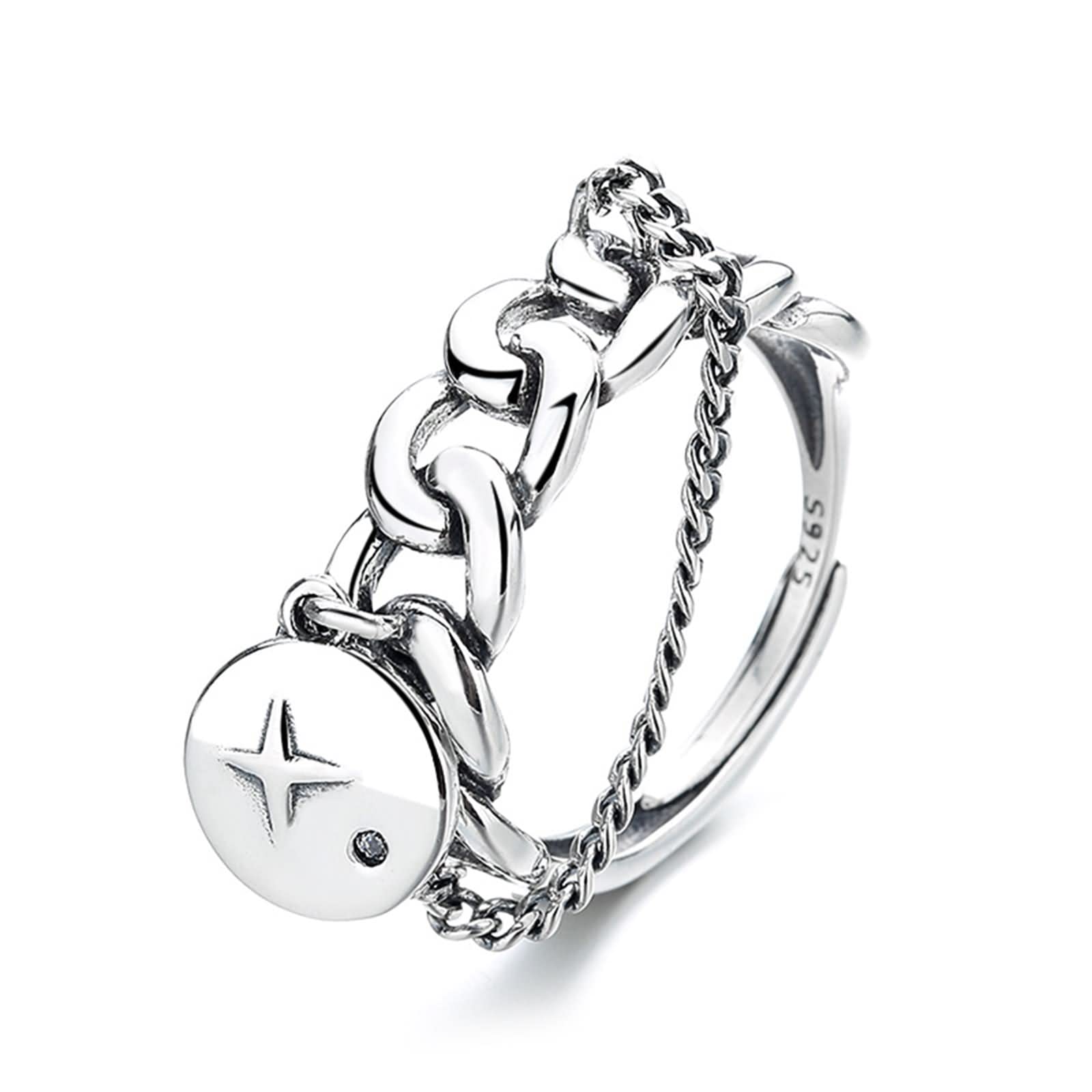Ring aus 925er-Sterlingsilber, Fidget-Ringe für Frauen, runde Kartenform mit Quastenkette, Eheringe, verstellbare Größe