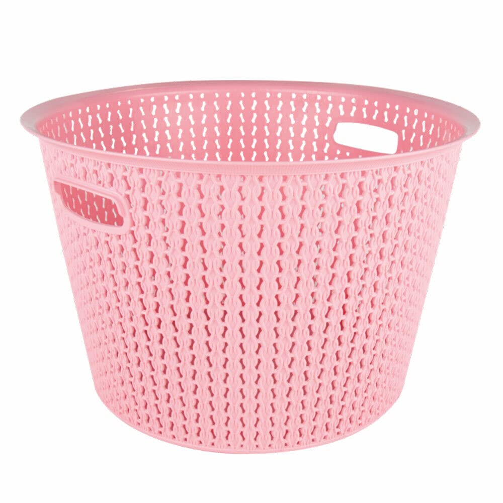 Plastic Laundry Basket Clothes Washing Bin Storage Knitted Hamper Organiser (Pink, Round)