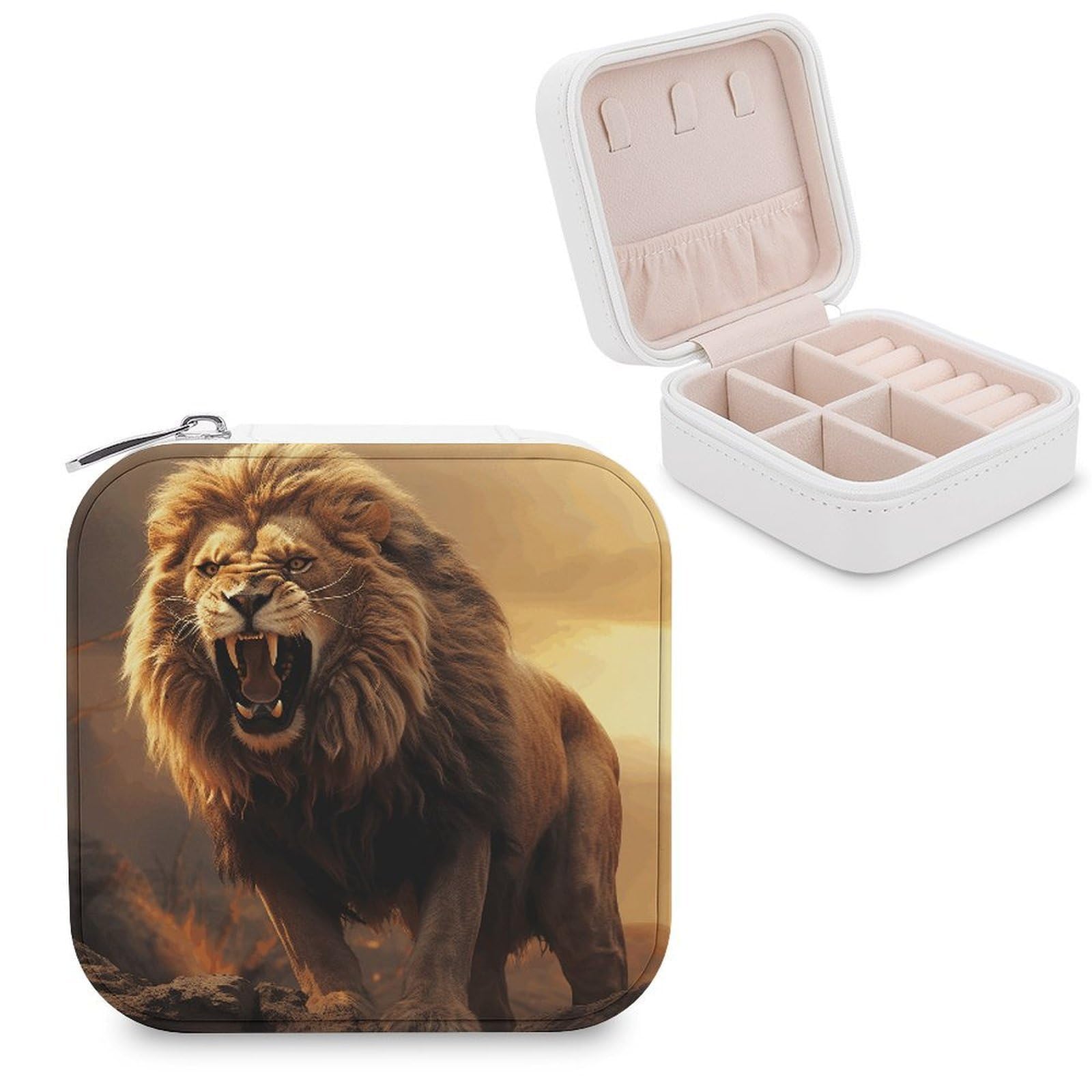 VstaDank Angry Roaring Lion Travel Jewelry Case Small Portable Jewellry Organizer Box PU Leather Organizer Boxes Personalized Jewellery Storage Holder Gift for Womens Rings Earrings