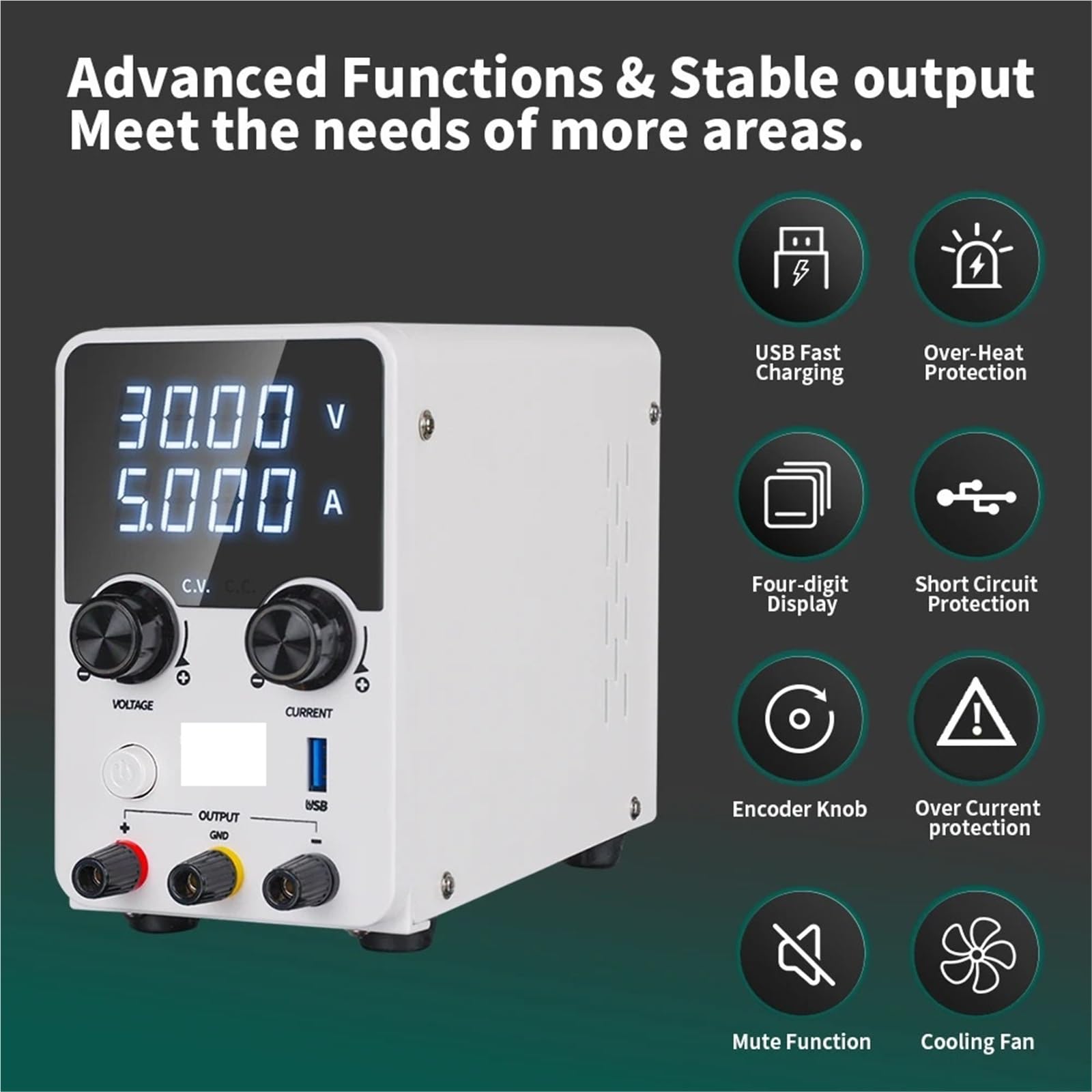 Alimentatore da Banco, Alimentatore regolabile 30V 5A LED Display USB a ricarica rapida Regolatore di tensione DC Unità di alimentazione da laboratorio portatile da banco