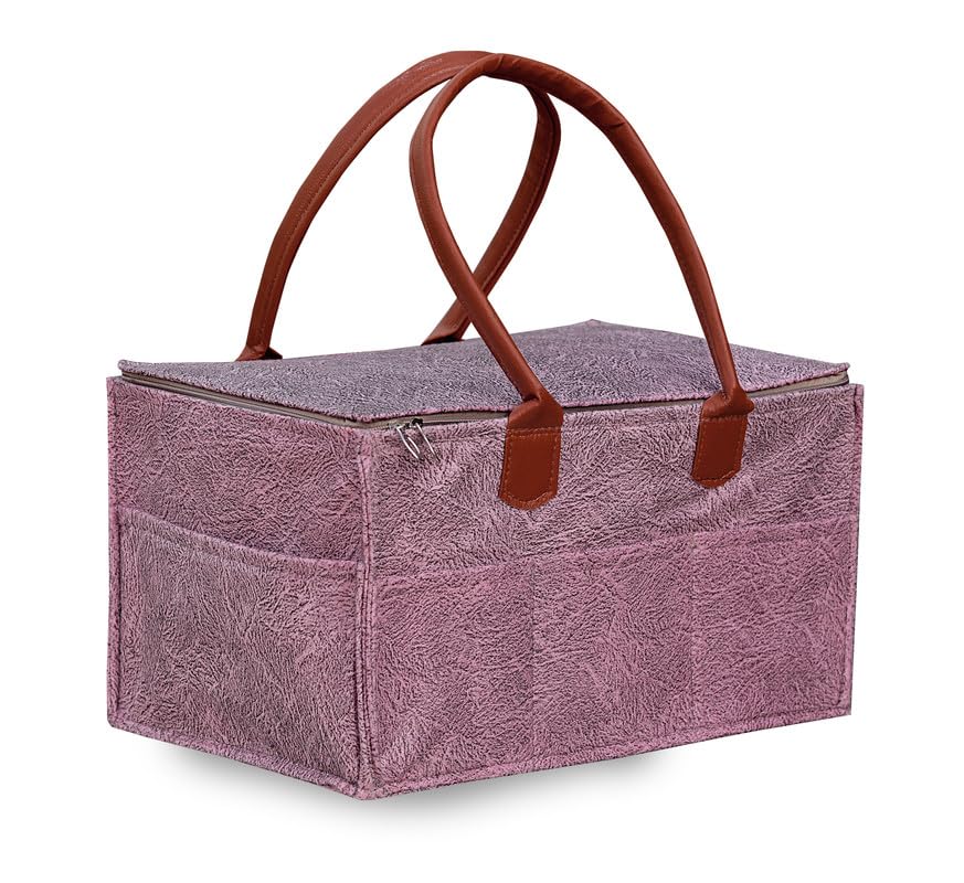 MetDeals Premium Felt Baby Diaper Caddy Bag with Zip Cover & Leather Handle with Removable Divider | Baby Essentials Organizer for Diapers,Wipes,Toy,Clothes(Dapple Red - 18X12X9 Inch)-image-4