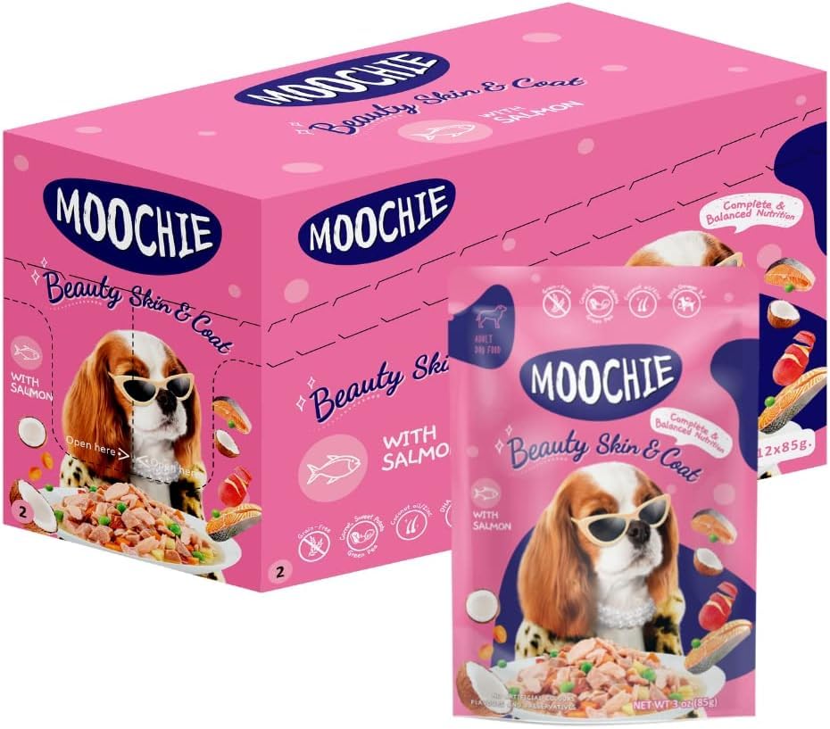 PETS EMPIRE Moochie Wet Dog Food (85g X 12) Grain Free Gavy Meal, Beauty Skin & Coat with Salmon, Carrot, Sweet Potato and Green Peas, High Protein Dogs Gravy Foods, Non-Veg Pet Meals for Dogs, Puppy
