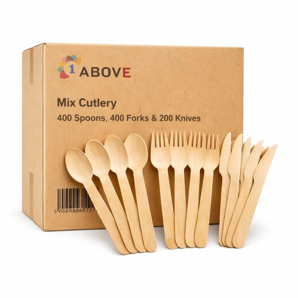 1000 Pack Wooden Cutlery Set โ Biodegradable Birch Wood Spoons, Forks & Knives (400 Spoons, 400 Forks, 200 Knives) โ Eco Friendly Disposable Utensils for Parties, BBQ, Catering, Picnic & Wedding