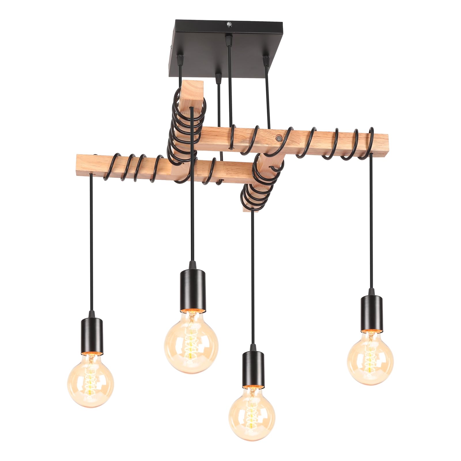 iDEGU 4 Luces Lámpara Colgante Vintage Industrial Lámpara de Techo de Madera y Metal Negro Lámpara de Araña Ajustable E27 Iluminación de Techo para Comedor, Cocina, Salón, Dormitorio (Tipo Colgante)