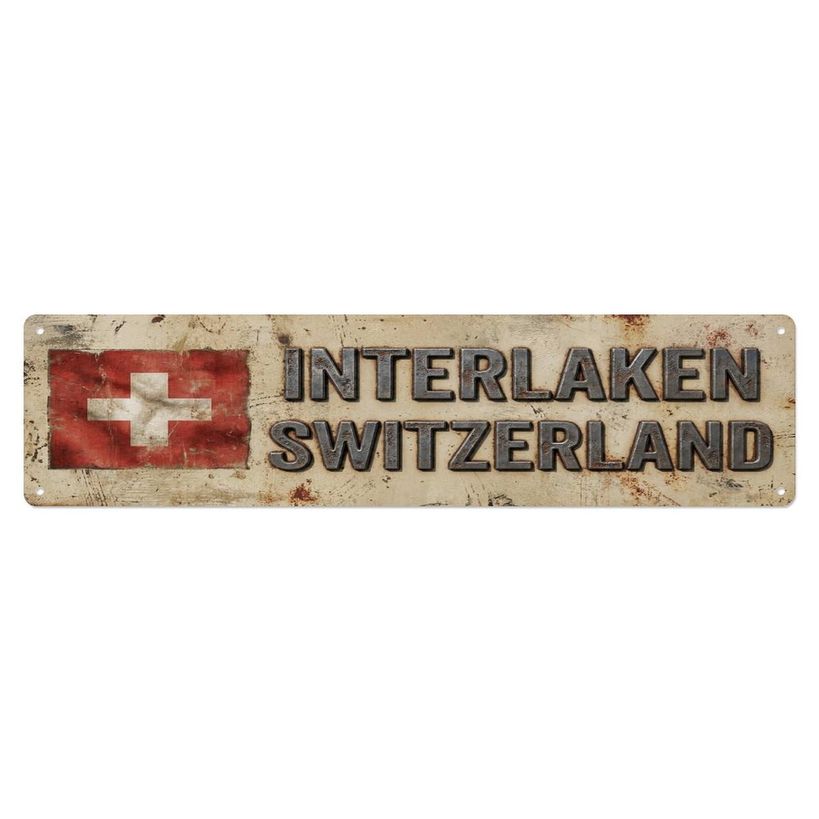 Vintage Interlaken Switzerland Flag Decor Rustic Travel Metal Tin Sign