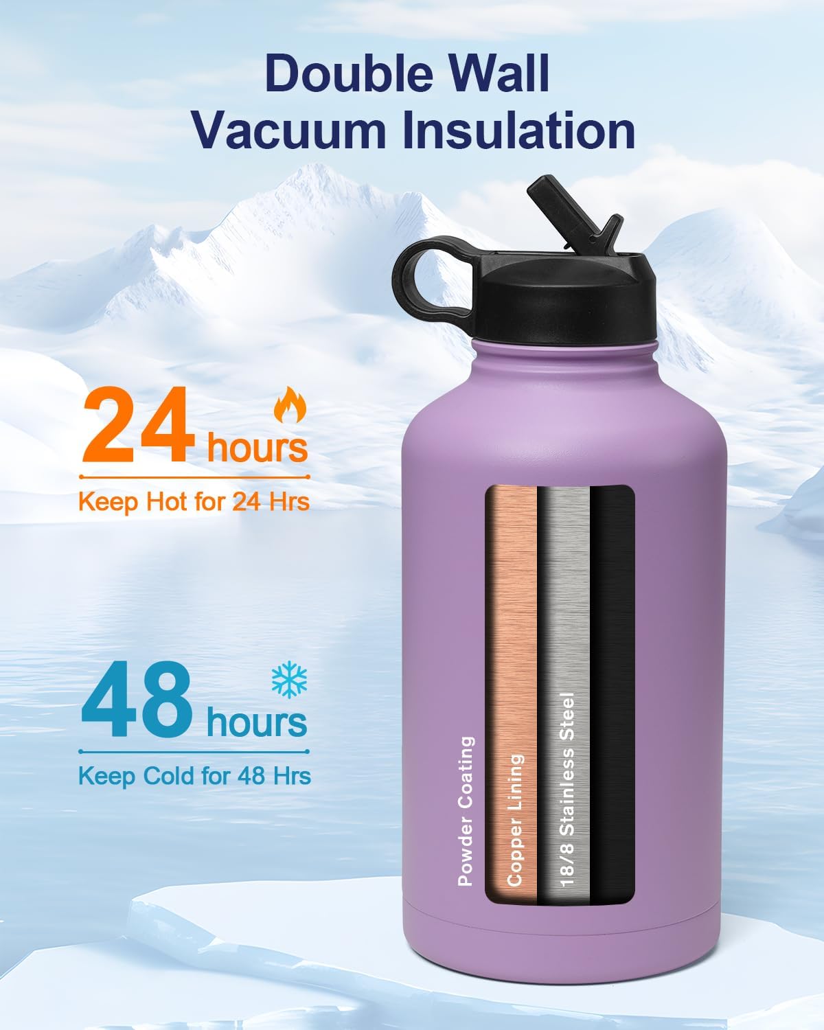 64oz Insulated Water Bottle with Paracord Handle, INSPI Half Gallon Stainless Steel Water Bottle with Straw, Sports Water Jug with Carry Pouch and Carabiner for School & Hiking, Keep Cold Hot, Purple - Image 2