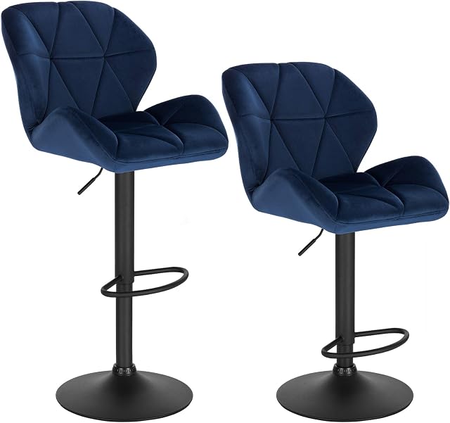 WOLTU Bar Stools Blue Bar Chairs Breakfast High Dining Stools for Kitchen Island Counter Bar Stools Set of 2 pcs Velvet Exterior/Adjustable Swivel Gas Lift/Steel Footrest & Base in Black