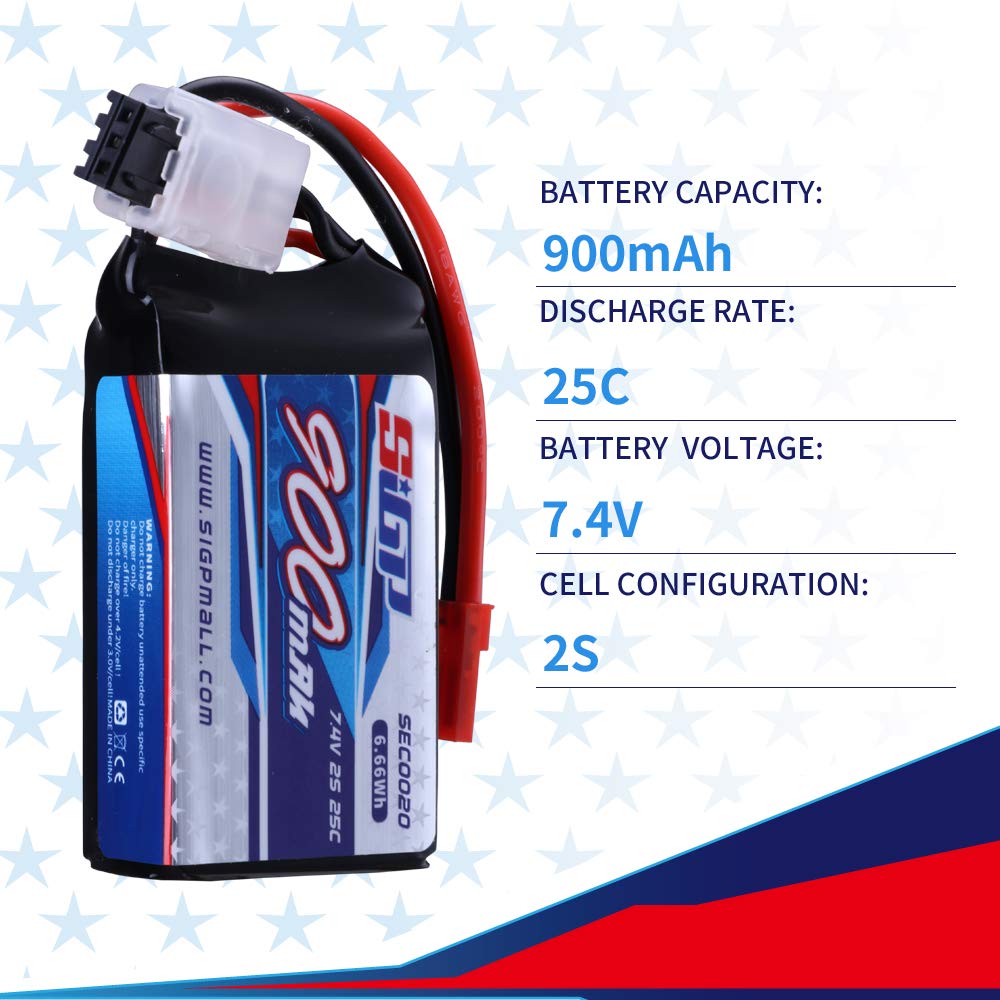 SIGP Batterie LiPo 7.4V 900mAh 25C – 2S JST – 2 Pièces – Pour Drone, Hélico, Avion RC – Léger 46g – Garantie 12 Mois