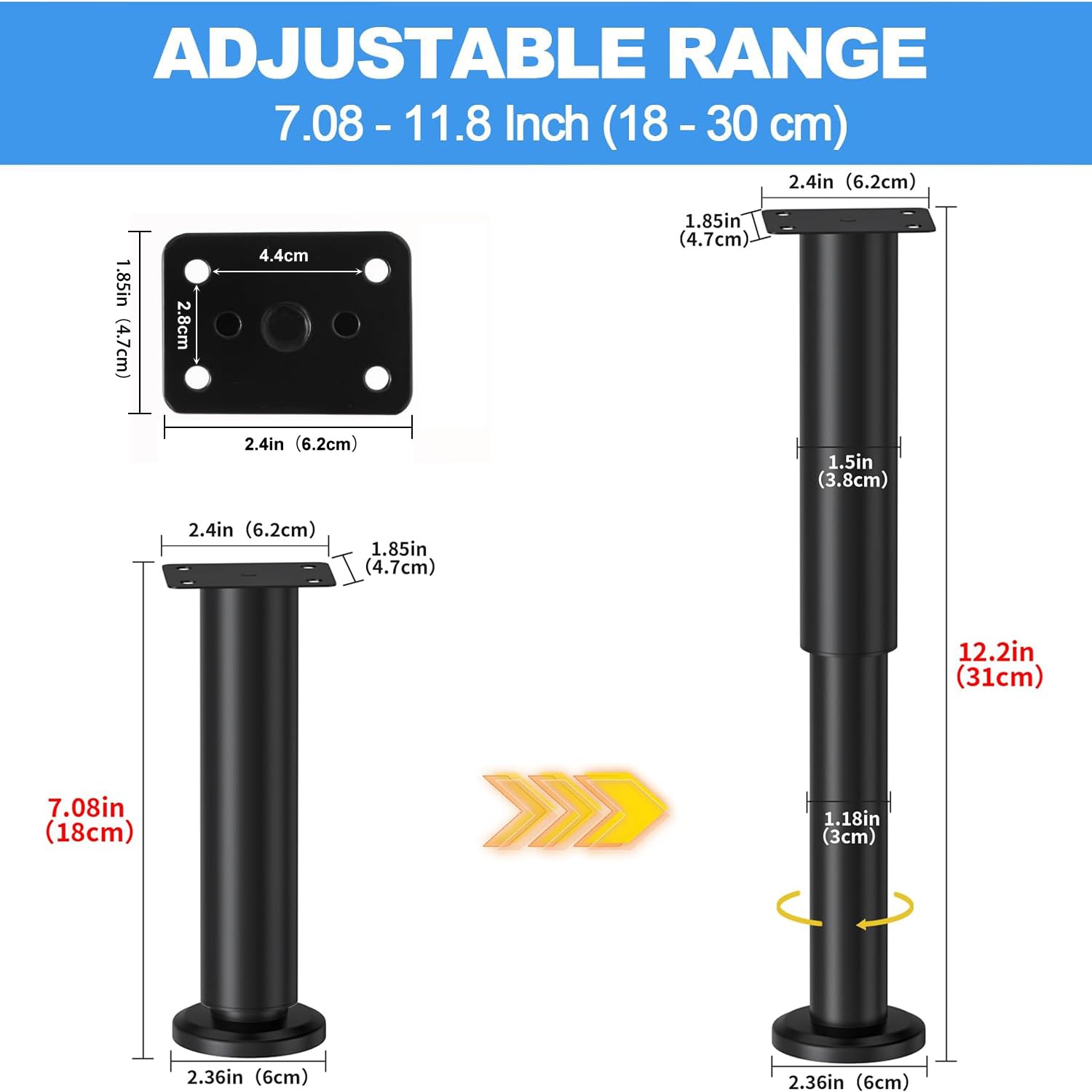 Ianulus 4 Pack Furniture Legs Height Adjustable 18-30cm, 60mm Large Base Sofa Feet Cabinet Feet Bed Feet - Image 2