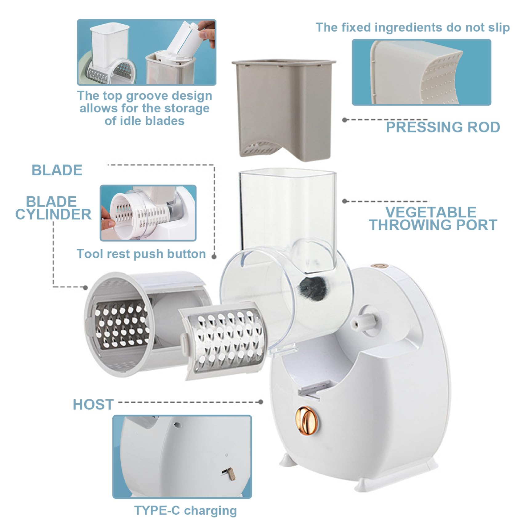 Râpe à fromage électrique amovible automatique avec 3 lames de formes différentes, rechargeable par USB, pour fruits, légumes
