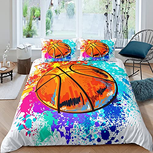 Castle Fairy Basketball Duvet Cover Set Twin Size,Watercolor Tie-Dye Bedding Set For Kid Teen Boys Girls Room Decor,Sports Game Comforter Cover,Colorful Graffiti Hip Hop Quilt Cover With 1 Pillowcase #TOP1