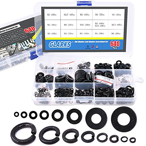 Glarks 640Pcs Metric Flat Washers and Split Lock Washers Assortment Set for M2 M2.5 M3 M4 M5 M6 M8 M10 Screws Bolt, Black Zinc Plated Alloy