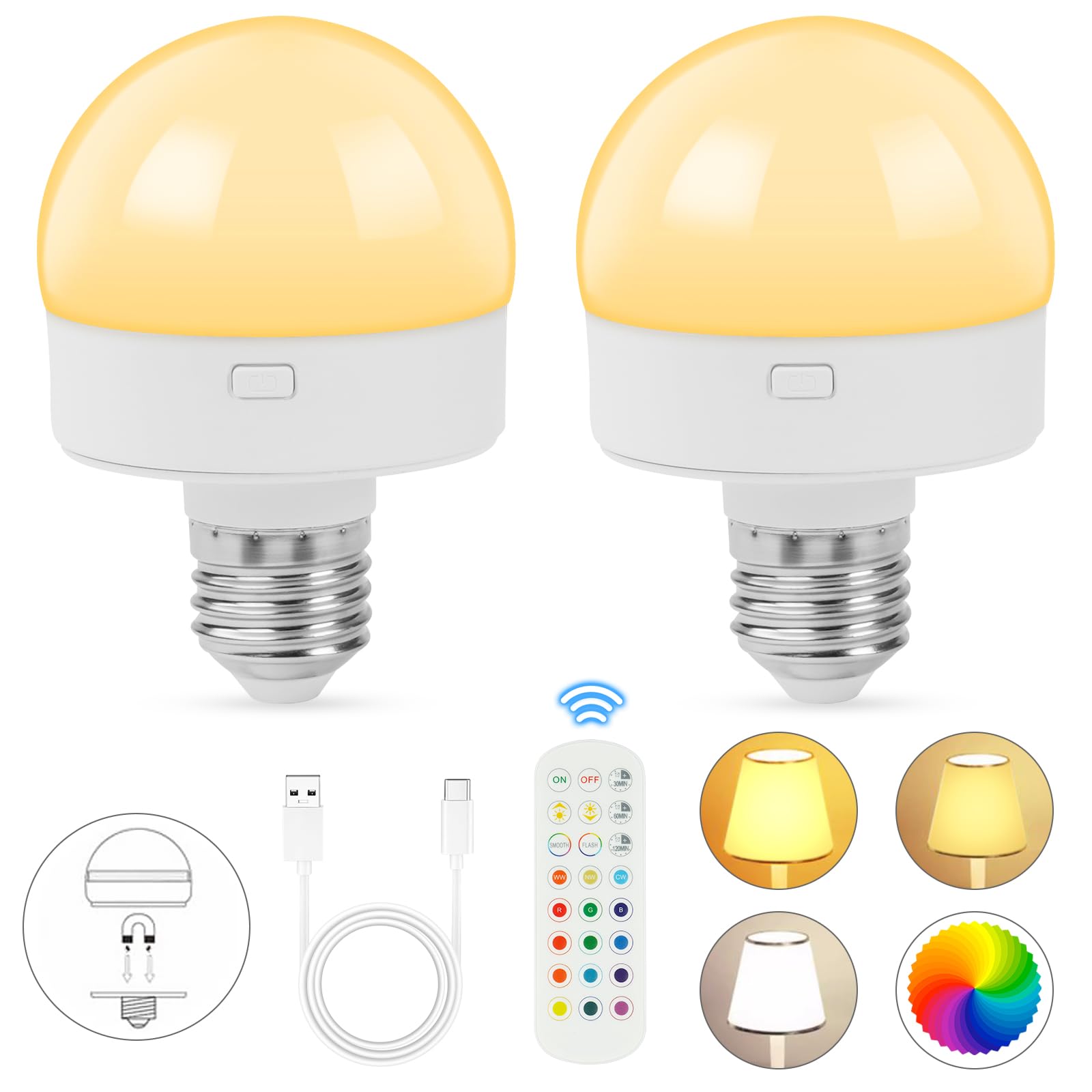 HOTUT Rechargeable Light Bulbs with Remote,E26 Battery Light Bulb,RGB Color Changing Bulb with 3 Memory Function,15 Color Choices,Dimmable Battery Powered Light Bulbs for Non Hardwired Lamps,Home Dec