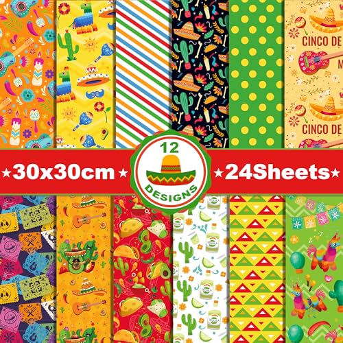 Jajajuegos TY-WW065 24 Sheets Mexican Fiesta Pattern Paper 12'' X 12'' Mexican Fiesta Scrapbook Paper Pad Cinco De Mayo Folk Art Double-Sided Scrapbook Specialty Paper Scrapbook Paper cover