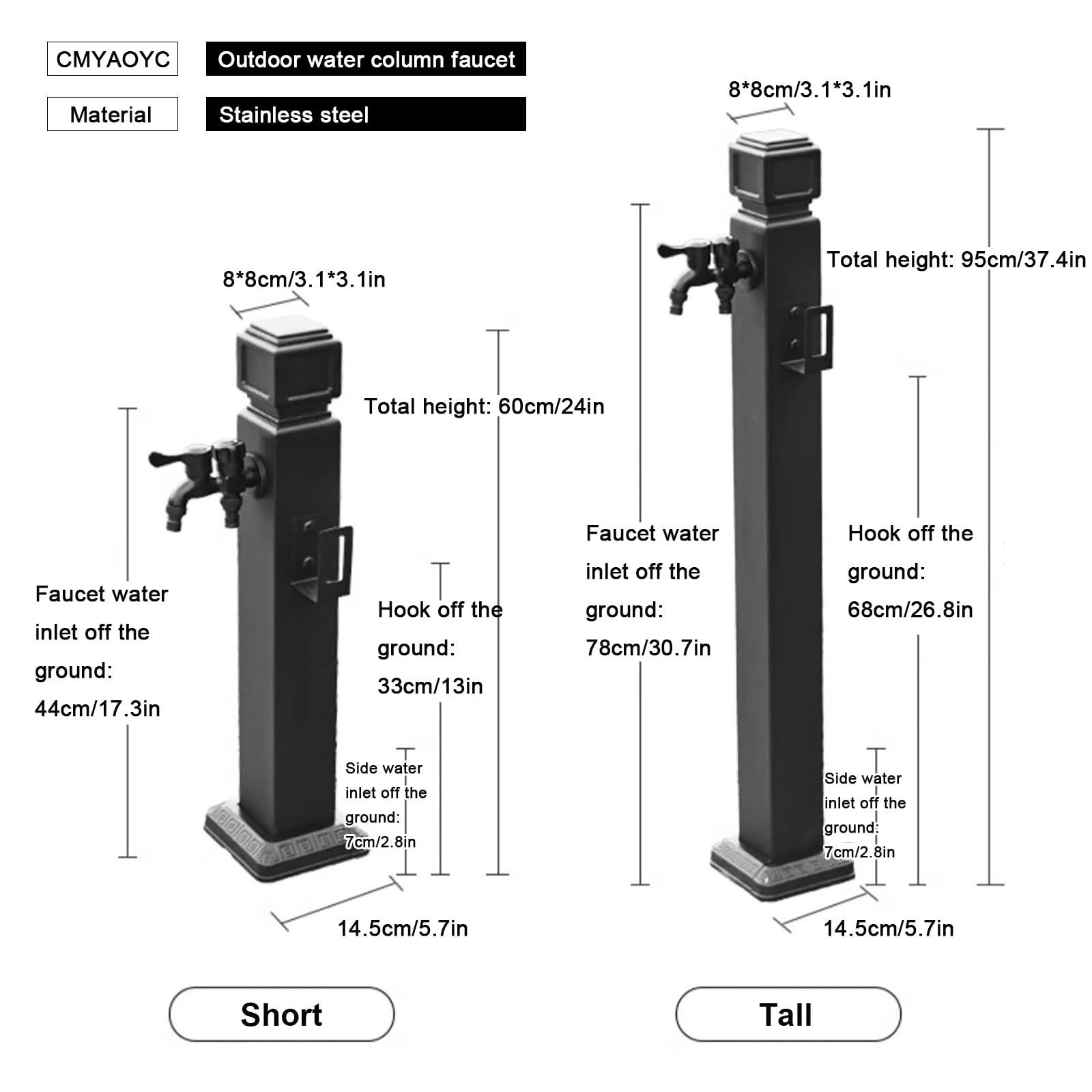 Rubinetto per Acqua da Giardino in Acciaio Inossidabile, Porta Tubo da Giardino, Fontanella da Giardino con Rubinetto Ottone e Pistola a Spruzzo, Adatto per Lavaggio Auto e Irrigazione(8*8*95cm/3.1*3.