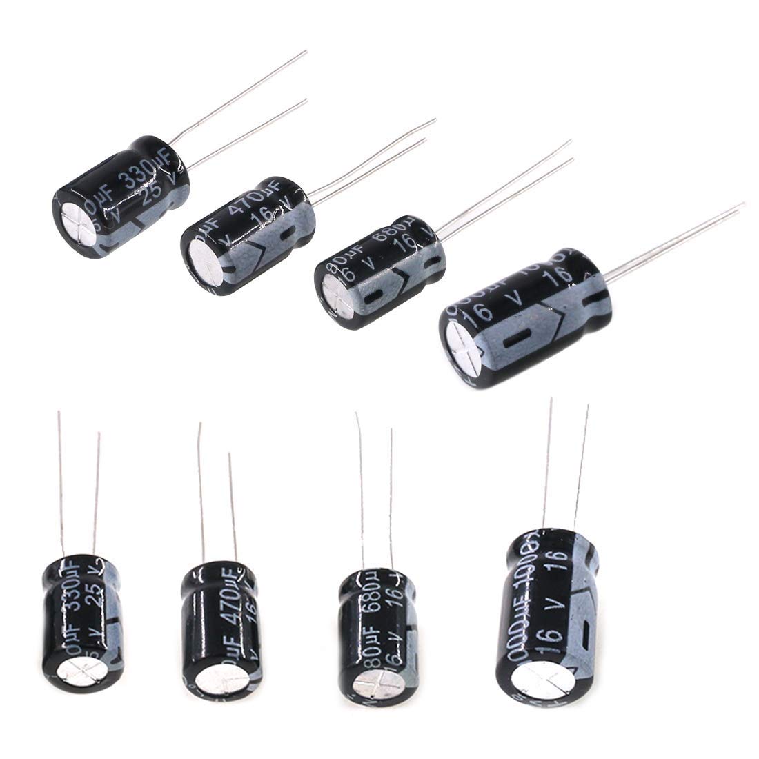Kit surtido de condensadores electrolíticos de aluminio en línea de 24 valores, de 0,1 uF a 1000 uF, 10 V, 16 V, 25 V y 50 V.
