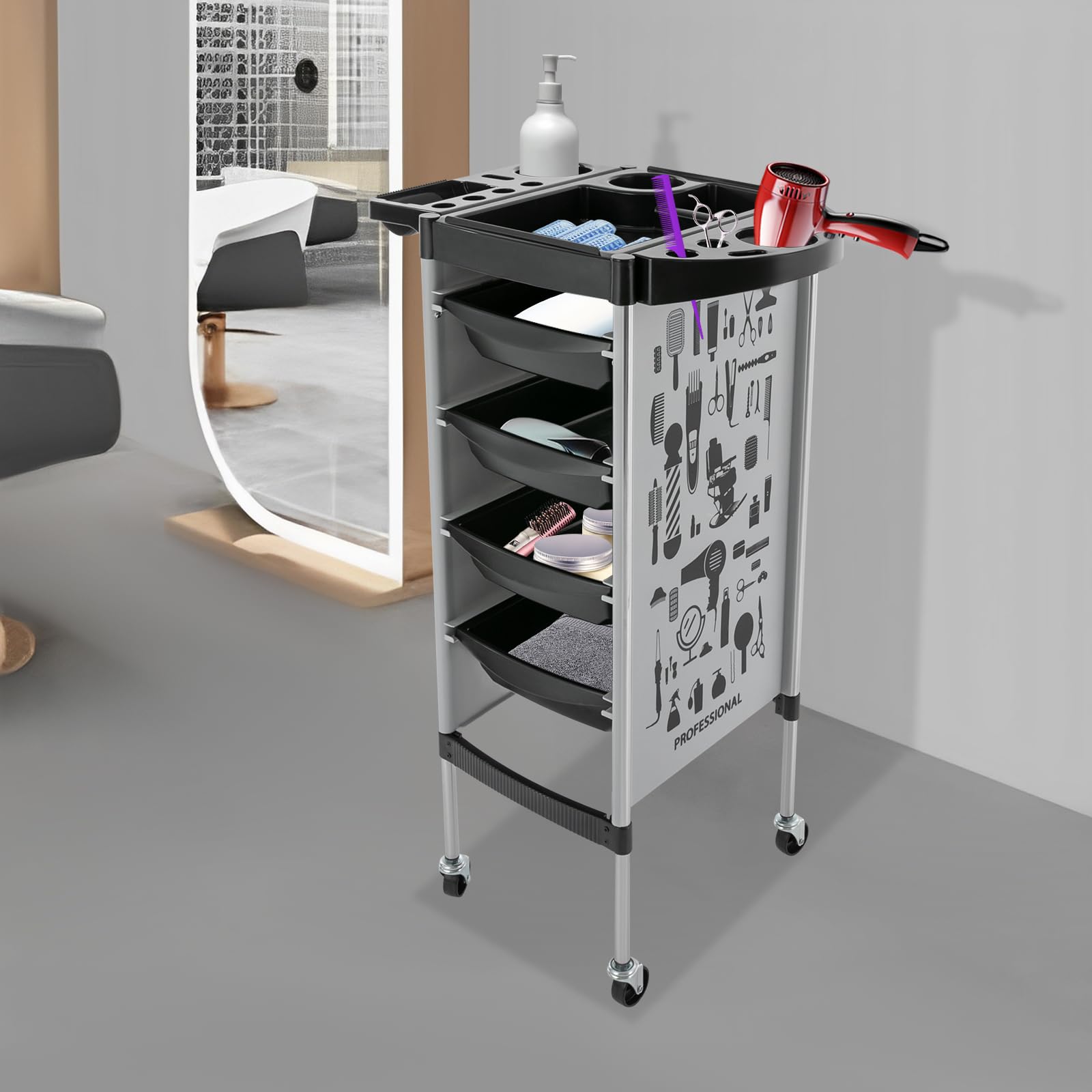 Chariot de coiffure, chariot de coiffure, avec 4 tiroirs et roulettes, tiroirs extensibles, pour stylistes, coiffeurs, spa et salons de manucure
