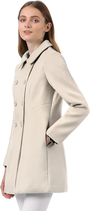 Allegra K Women's Peter Pan Collar Double Breasted Winter Trench Pea Coat | Long Sleeve Outerwear, Elegant Overcoat, Pockets, Fully lined, Work Office, Business Casual, Formal