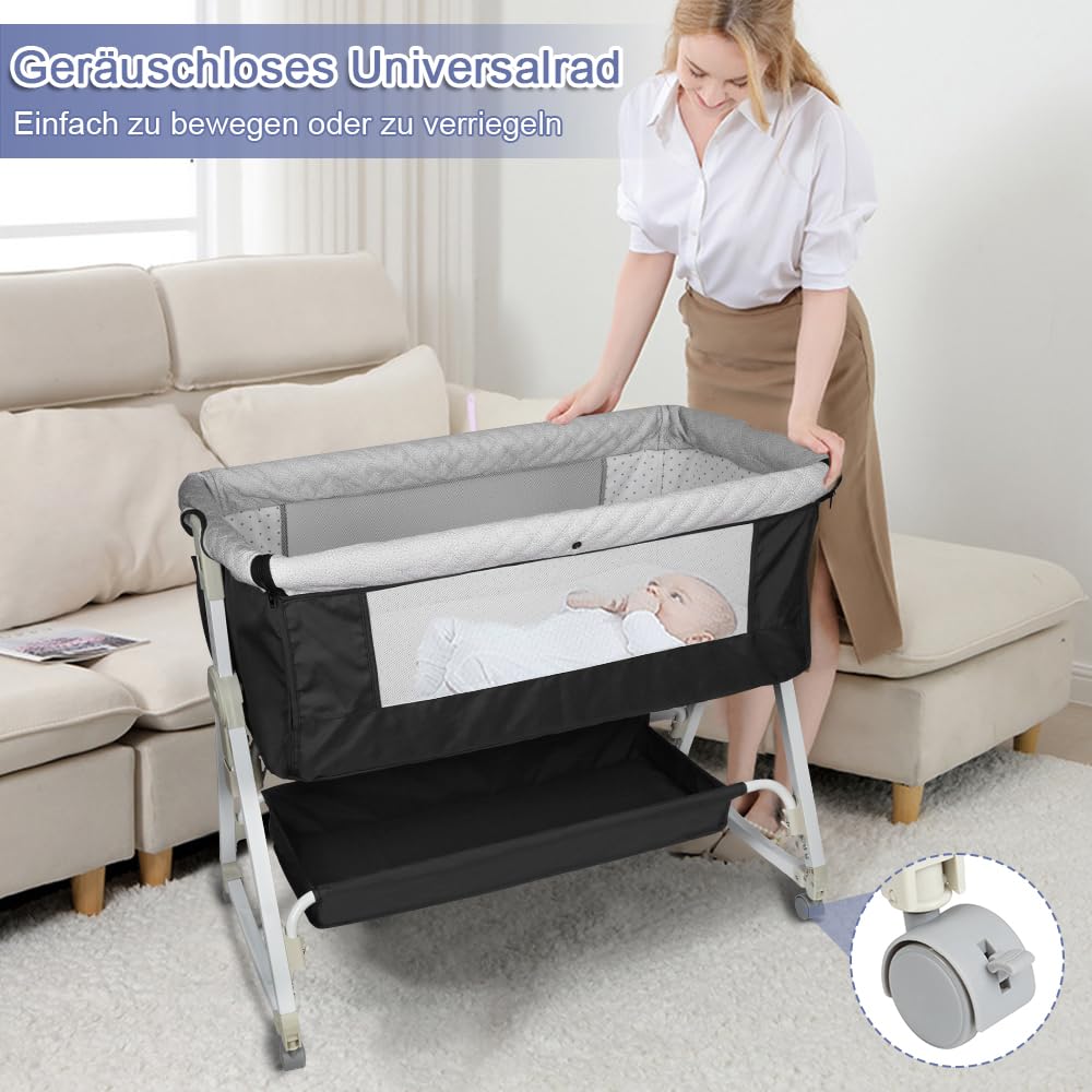 2 en 1 Berceau Cododo pour Bébé,Lit Cododo de Bébé avec Matelas et Moustiquaire 4 Roues,pour 1 à 36 Mois,Inclinaison&Hauteur Réglable, 95 * 50 * 98-110cm, Noir