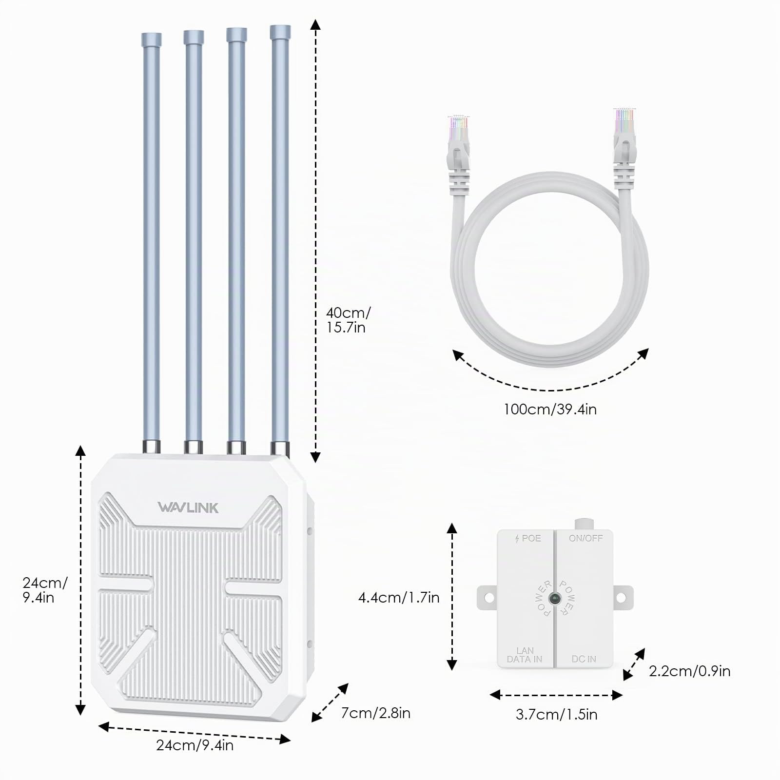 WAVLINK WiFi 6 Extérieur Répéteur/Point d'accès/Routeur, Repeteur WiFi AX1800, Amplificateur WiFi avec 4 Antennes 8 dBi, étanche IP67, Compatible Starlink pour Ferme, Jardin, Camping-Car, Camping