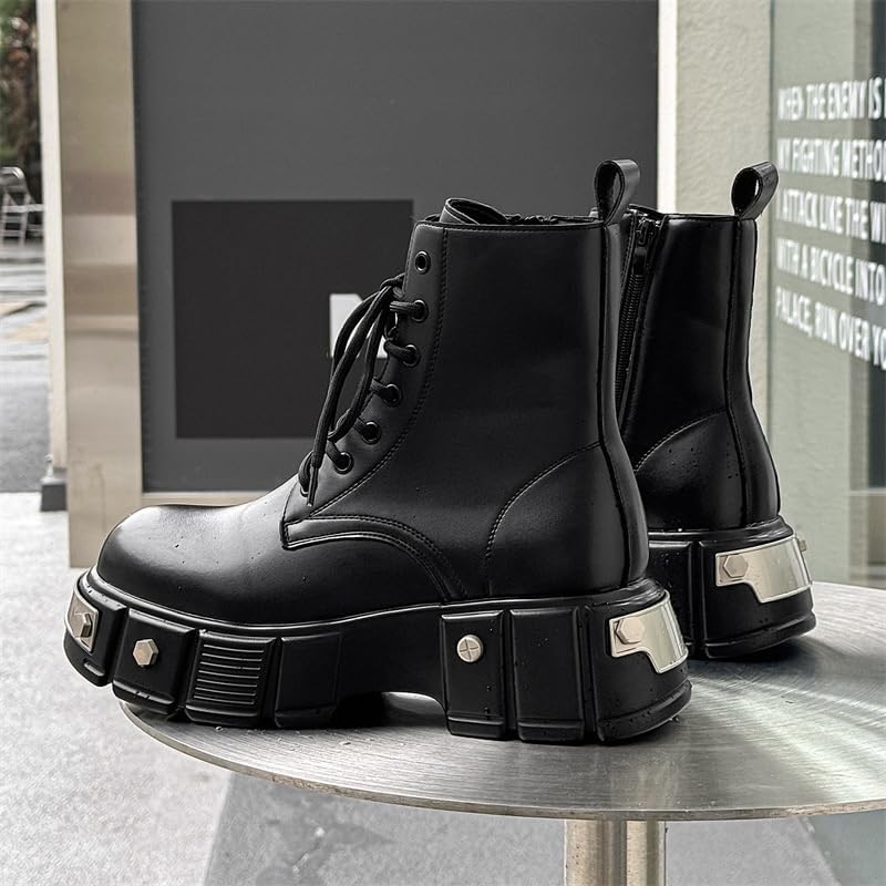 Men's Black Platform Ankle Goth Boots Lace up Side Zip Lug Sole Combat Booties Punk Motorcycle Boots Gothic Shoes