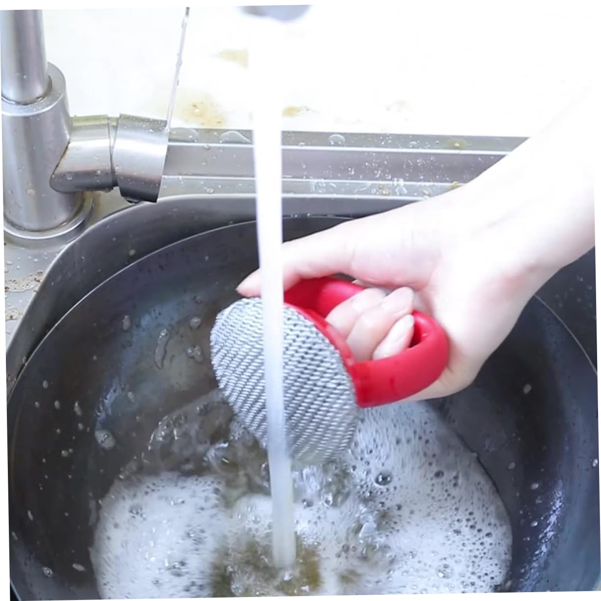 POPETPOP Cepillo de Malla Metálica para Ollas y Sartenes con Mango Ergonómico Diseño con Asa para Colgar para Limpieza Profunda de Utensilios de Cocina