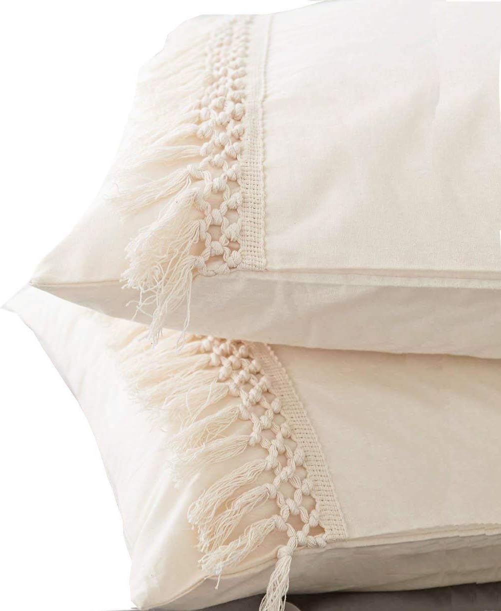 Flber White Pillowcases Tassel Sham Cotton Pillow Covers,Set of 2 (18.9in x29.1in)